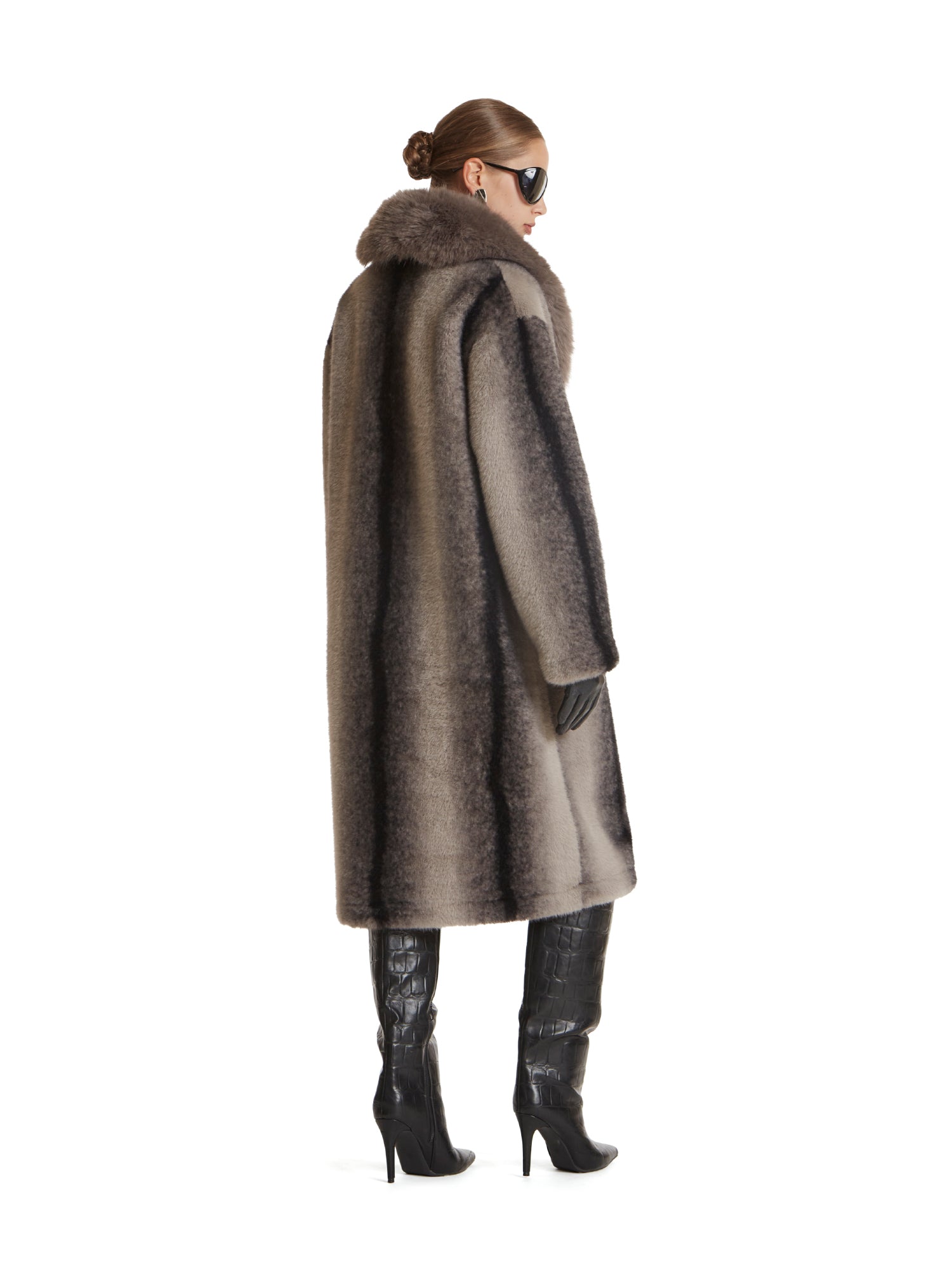 Striped coat with shawl collar in eco-fur