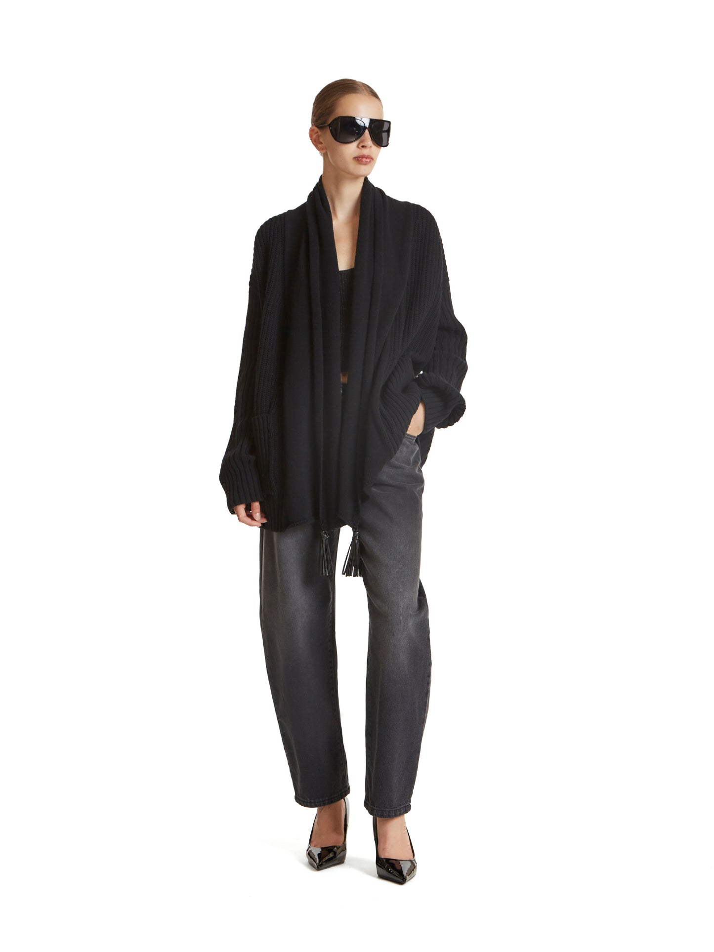 Vegan leather cardigan with tassels