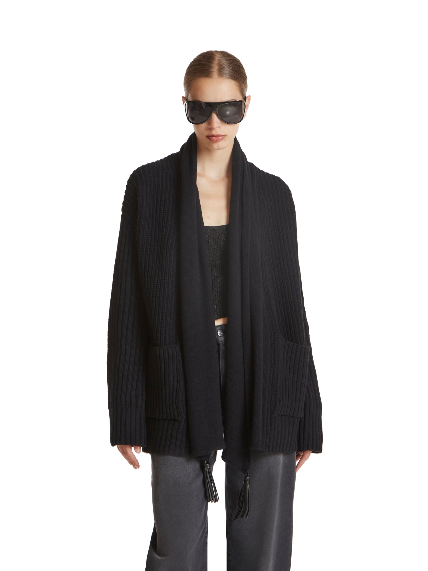 Vegan leather cardigan with tassels