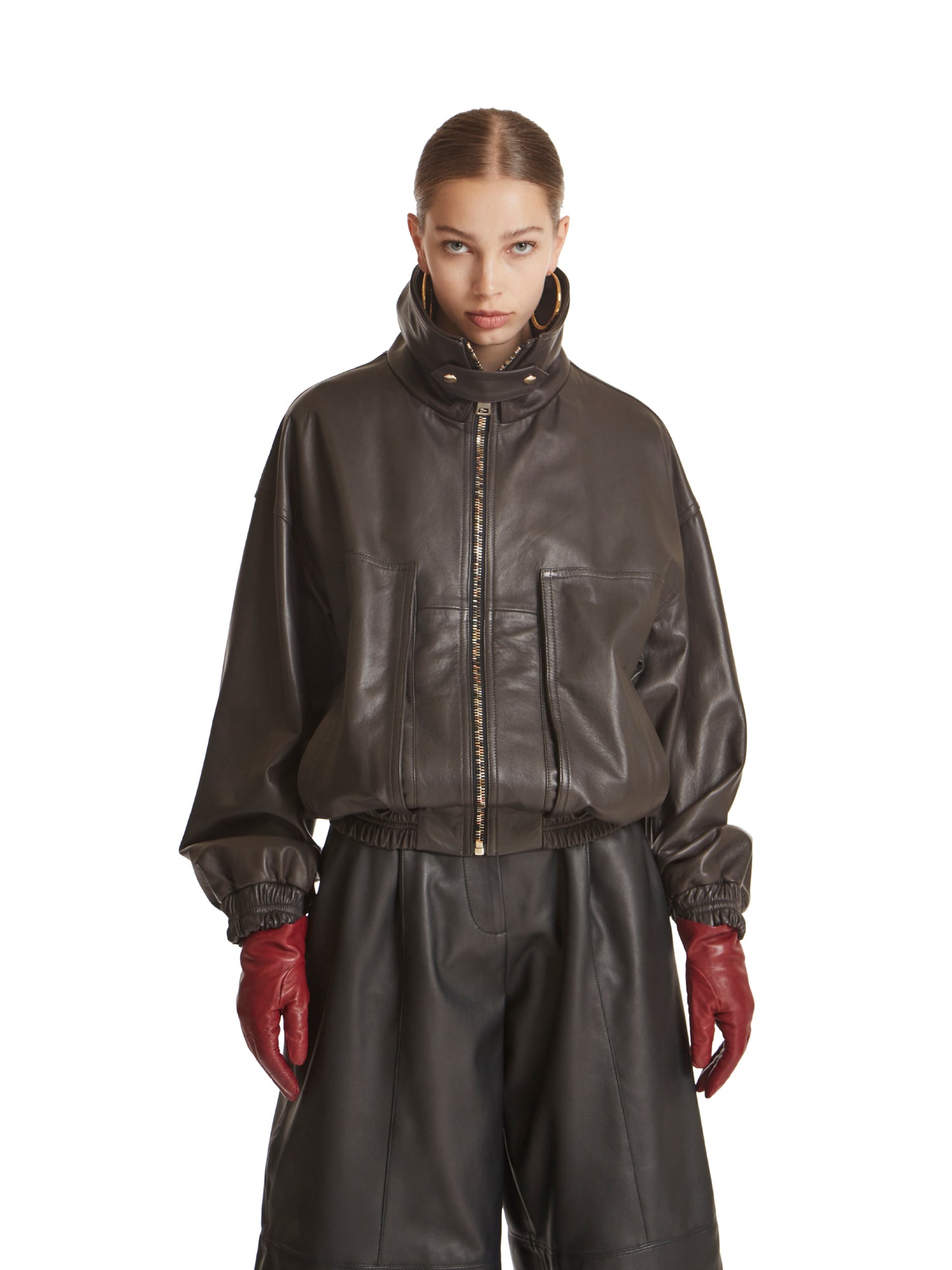 Oversized leather bomber jacket