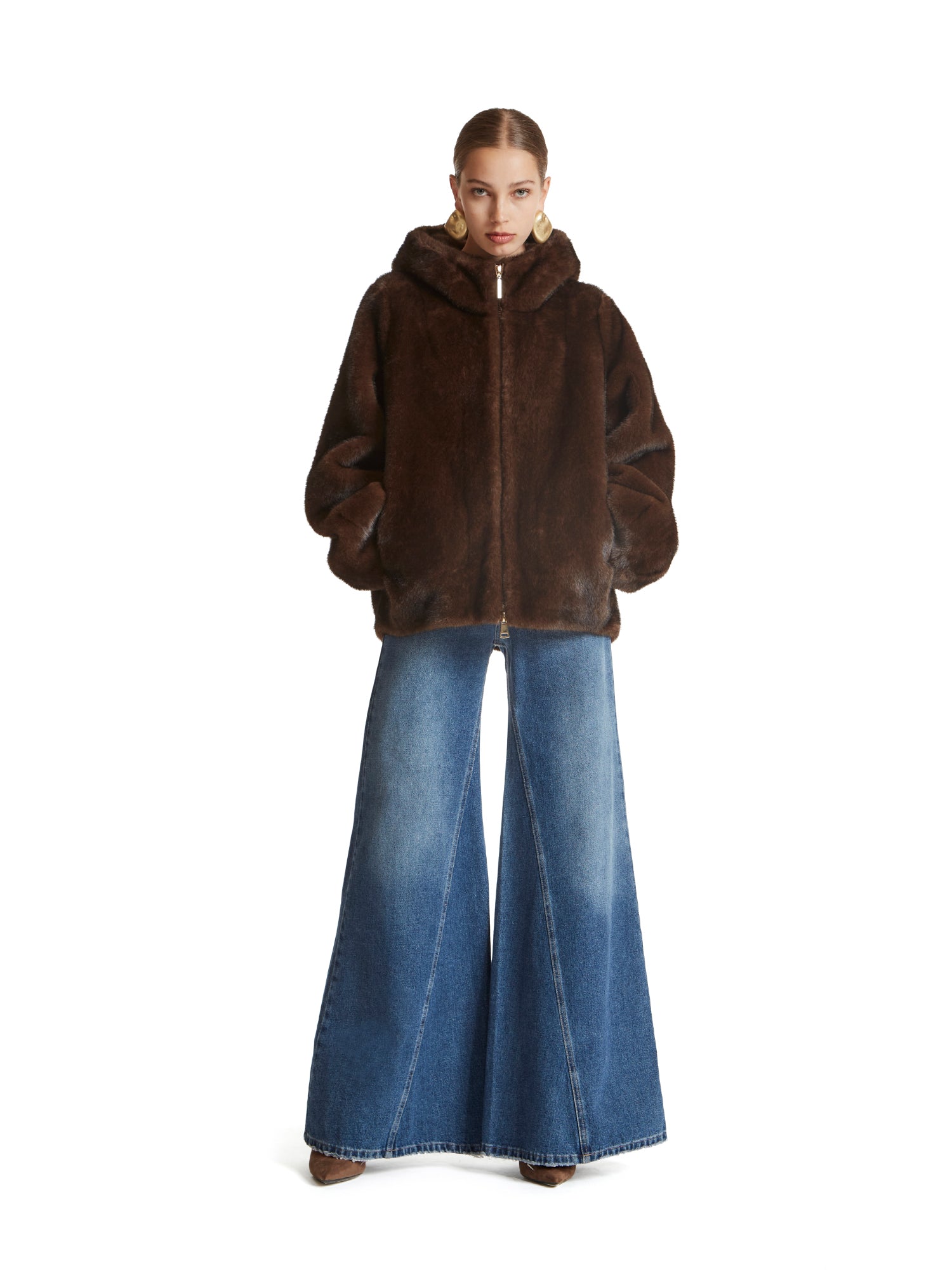 Hooded bomber jacket in eco-mink fur