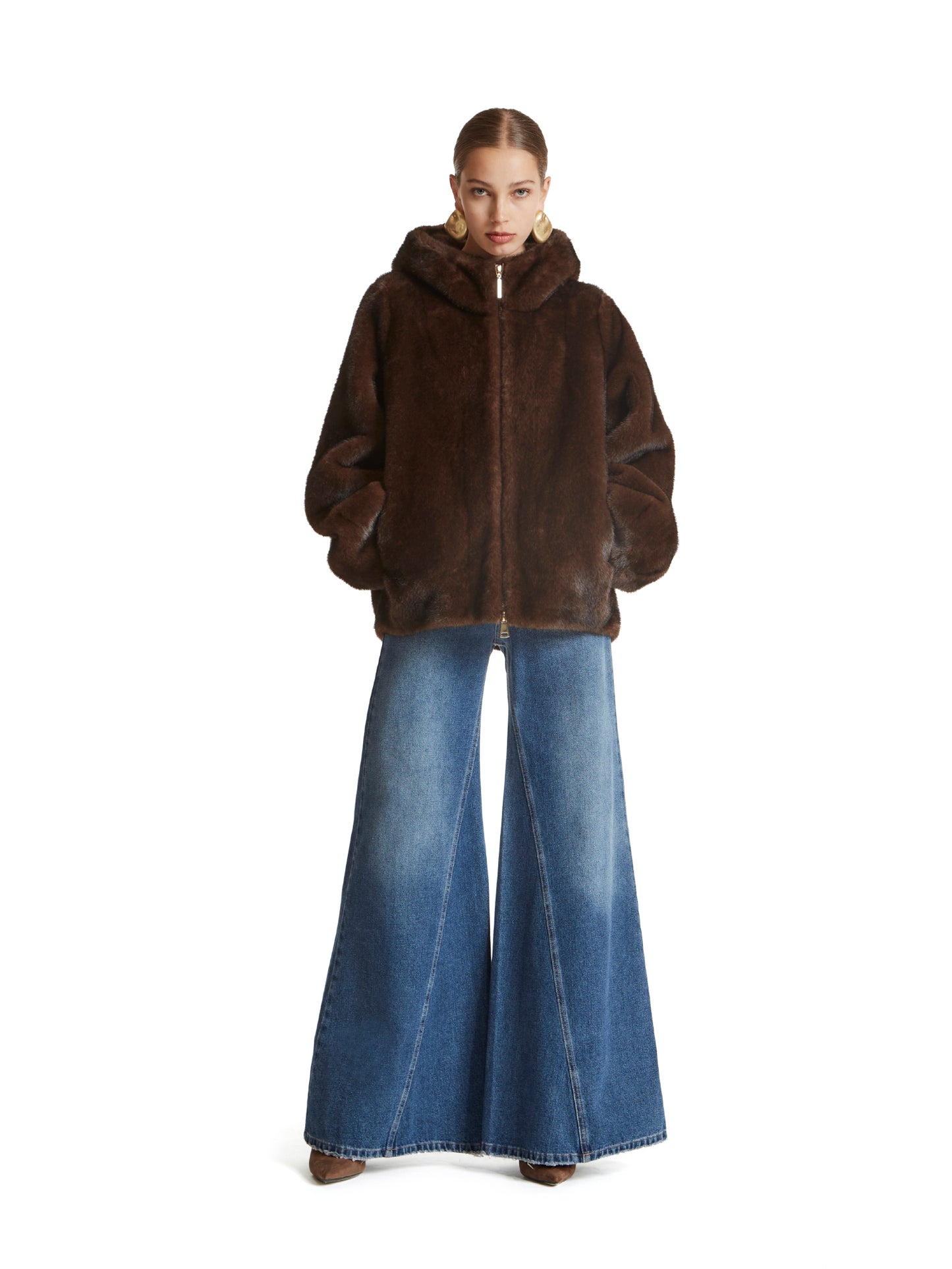 Hooded bomber jacket in eco-mink fur