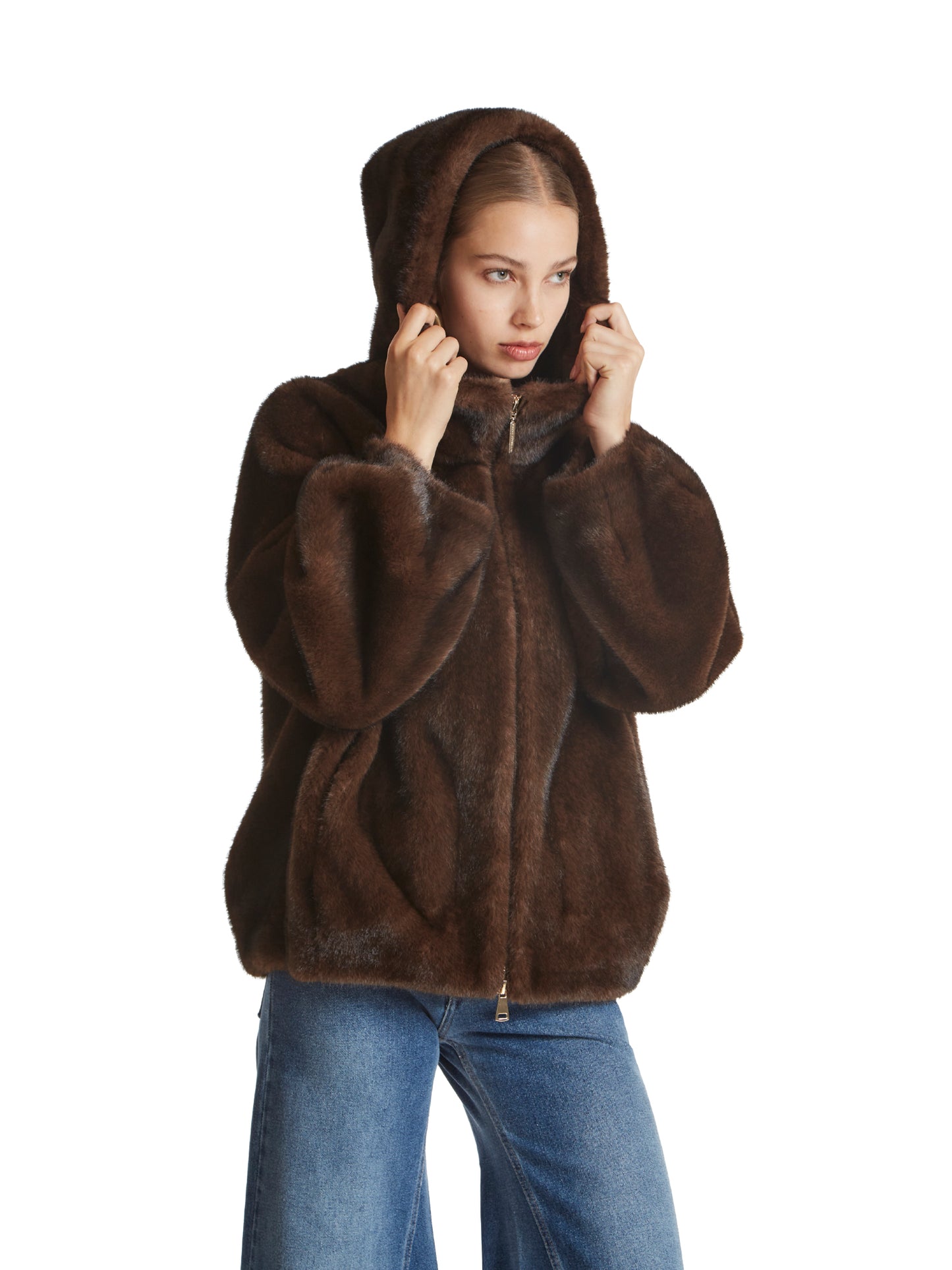 Hooded bomber jacket in eco-mink fur
