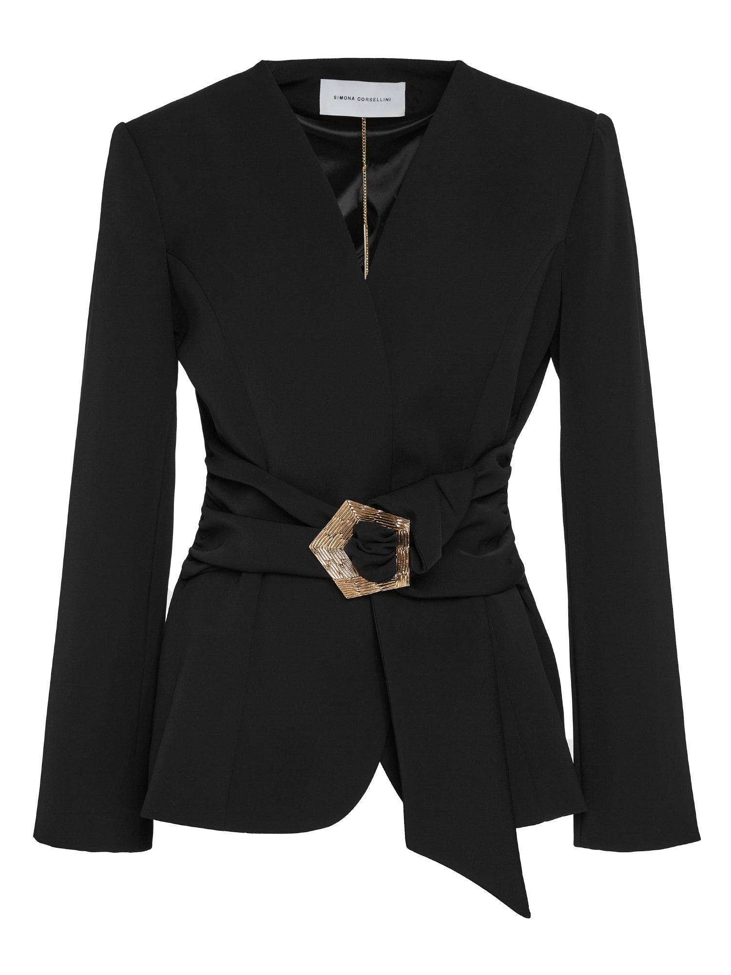 Collarless jacket in fluid diagonal fabric