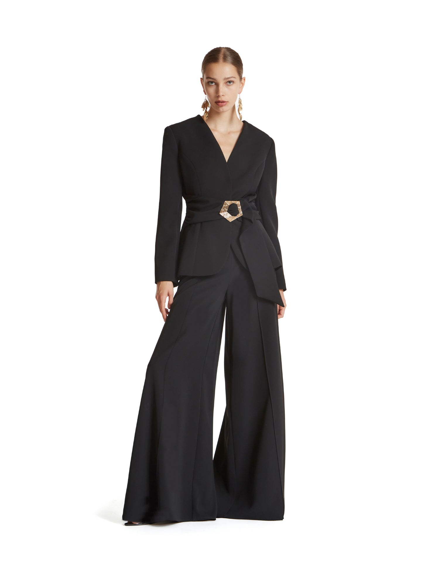 Collarless jacket in fluid diagonal fabric