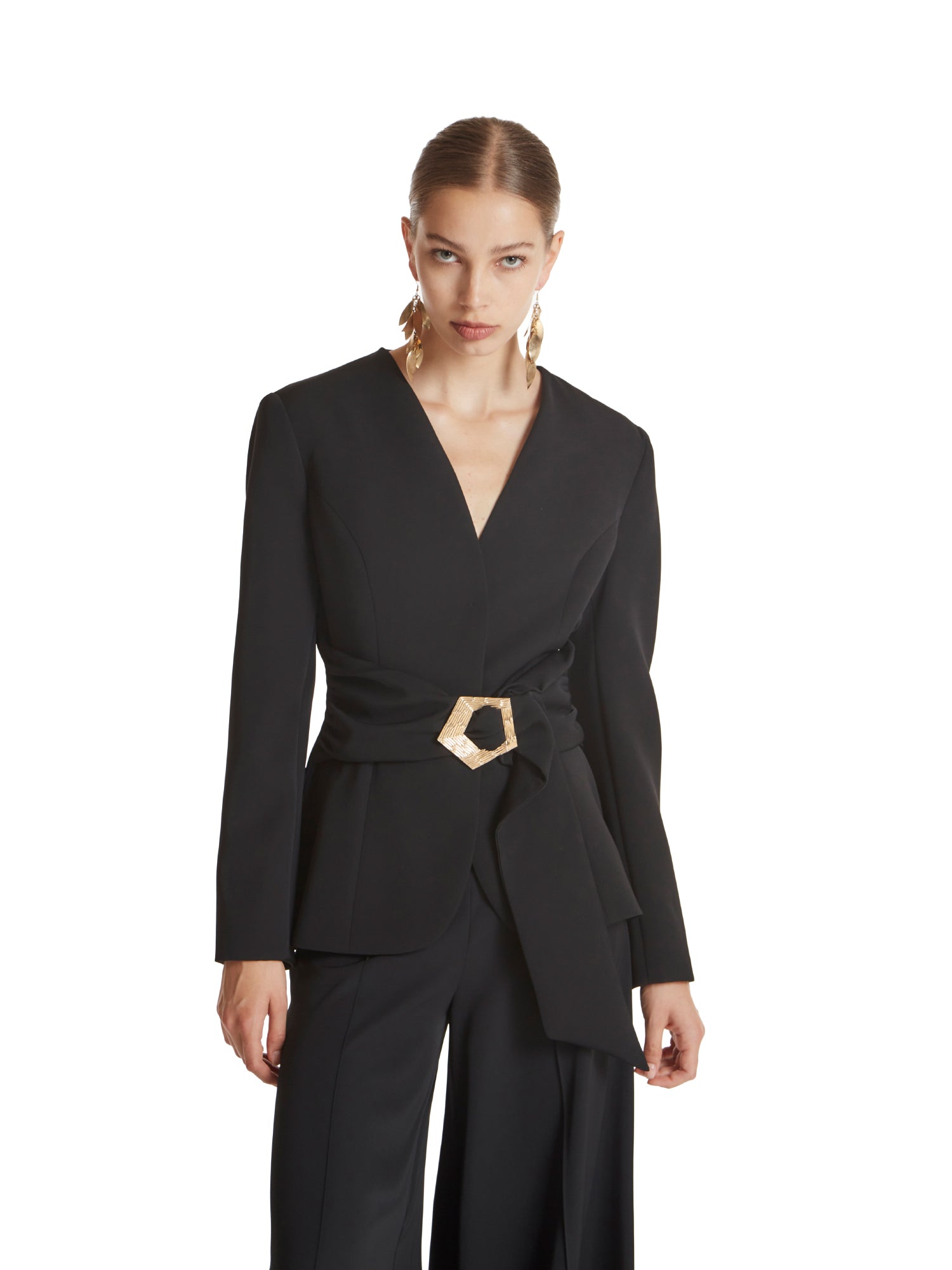 Collarless jacket in fluid diagonal fabric