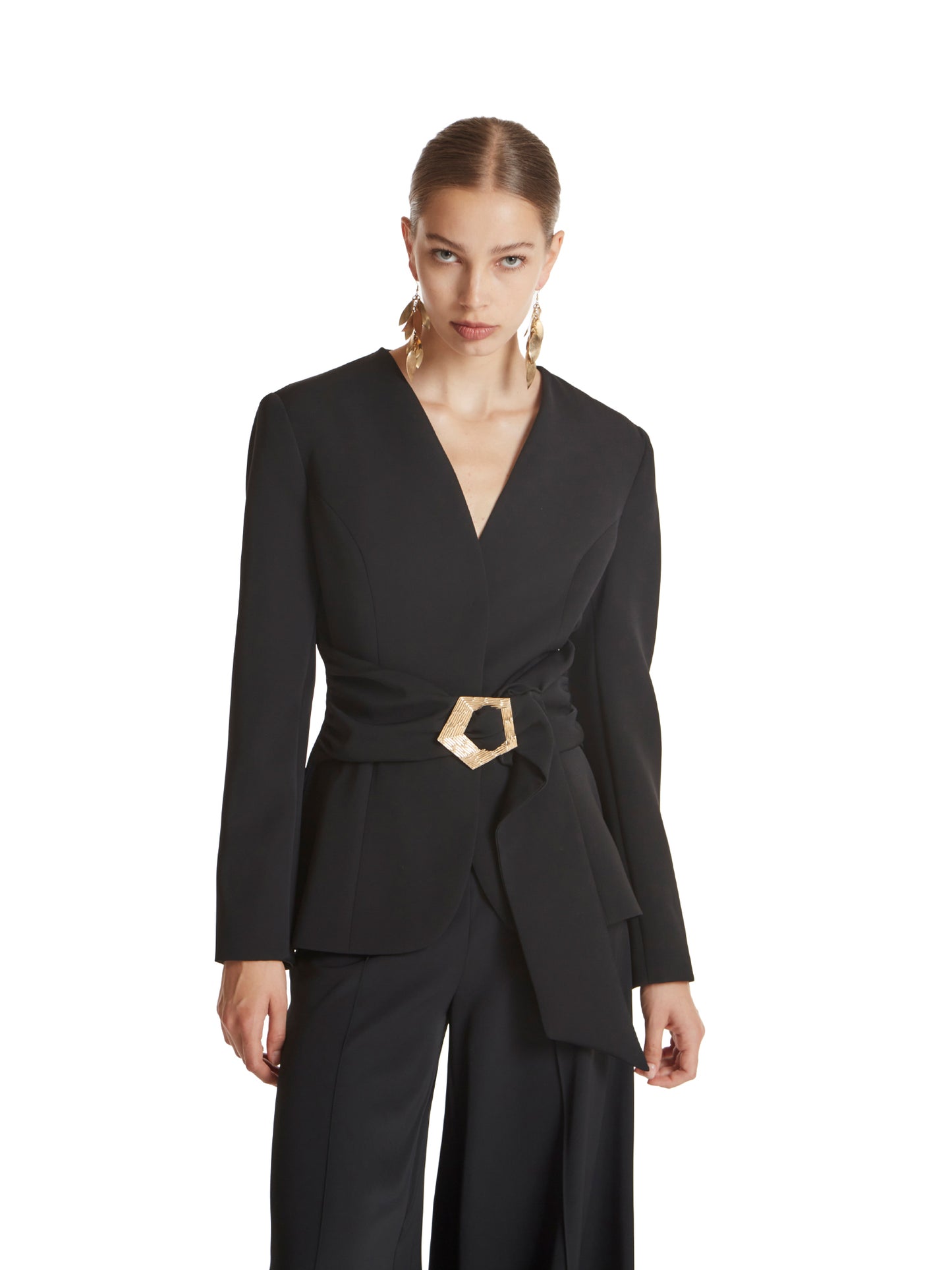 Collarless jacket in fluid diagonal fabric