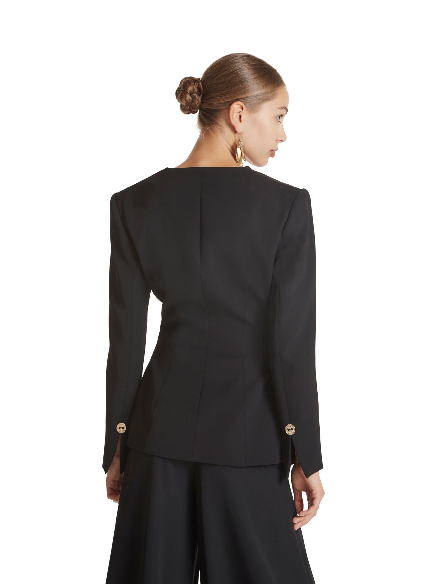 Collarless jacket in fluid diagonal fabric