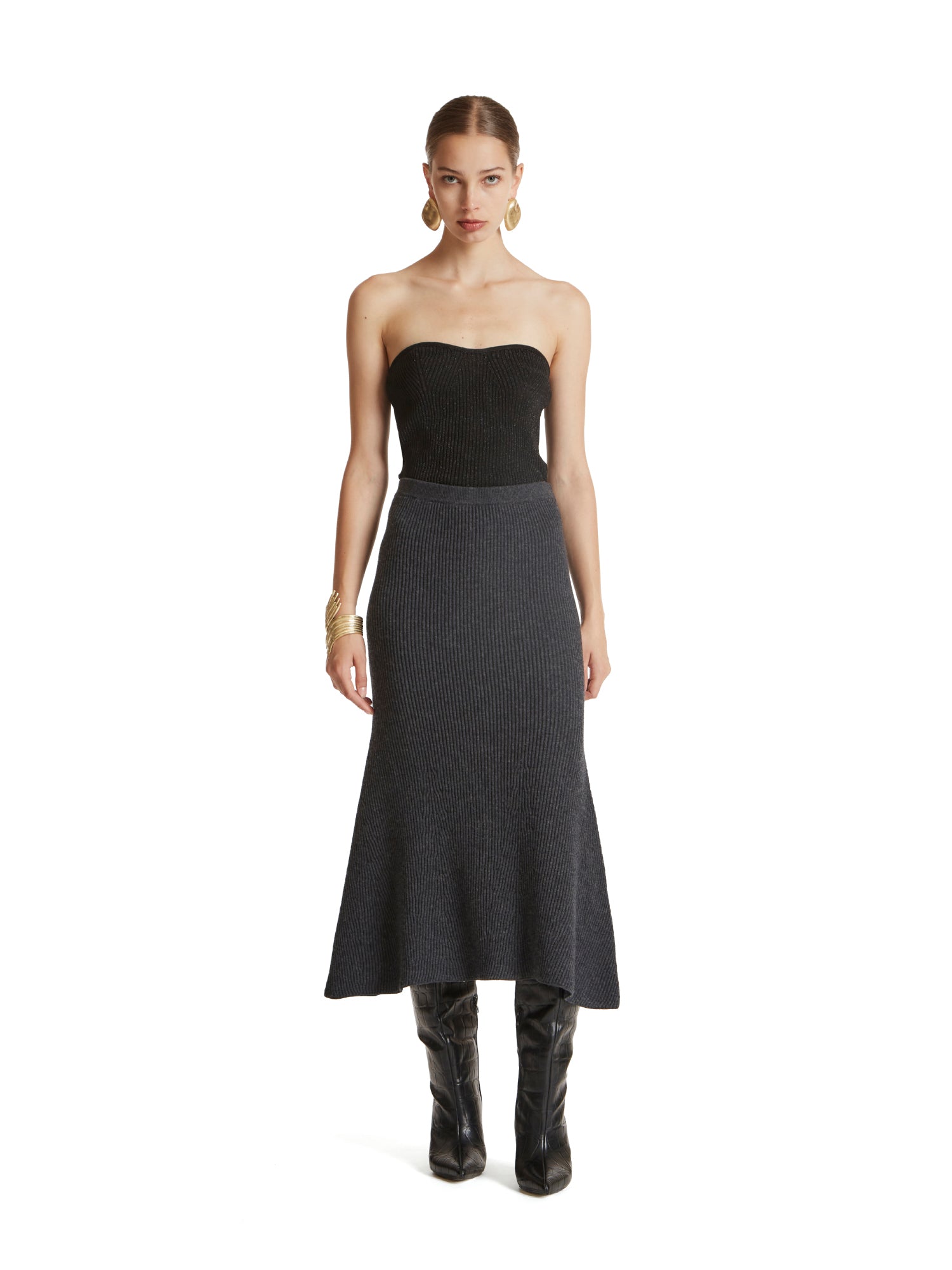 Flared ribbed midi skirt