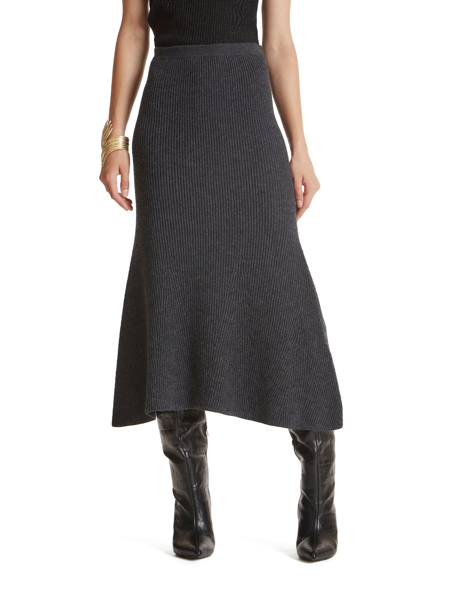 Flared ribbed midi skirt