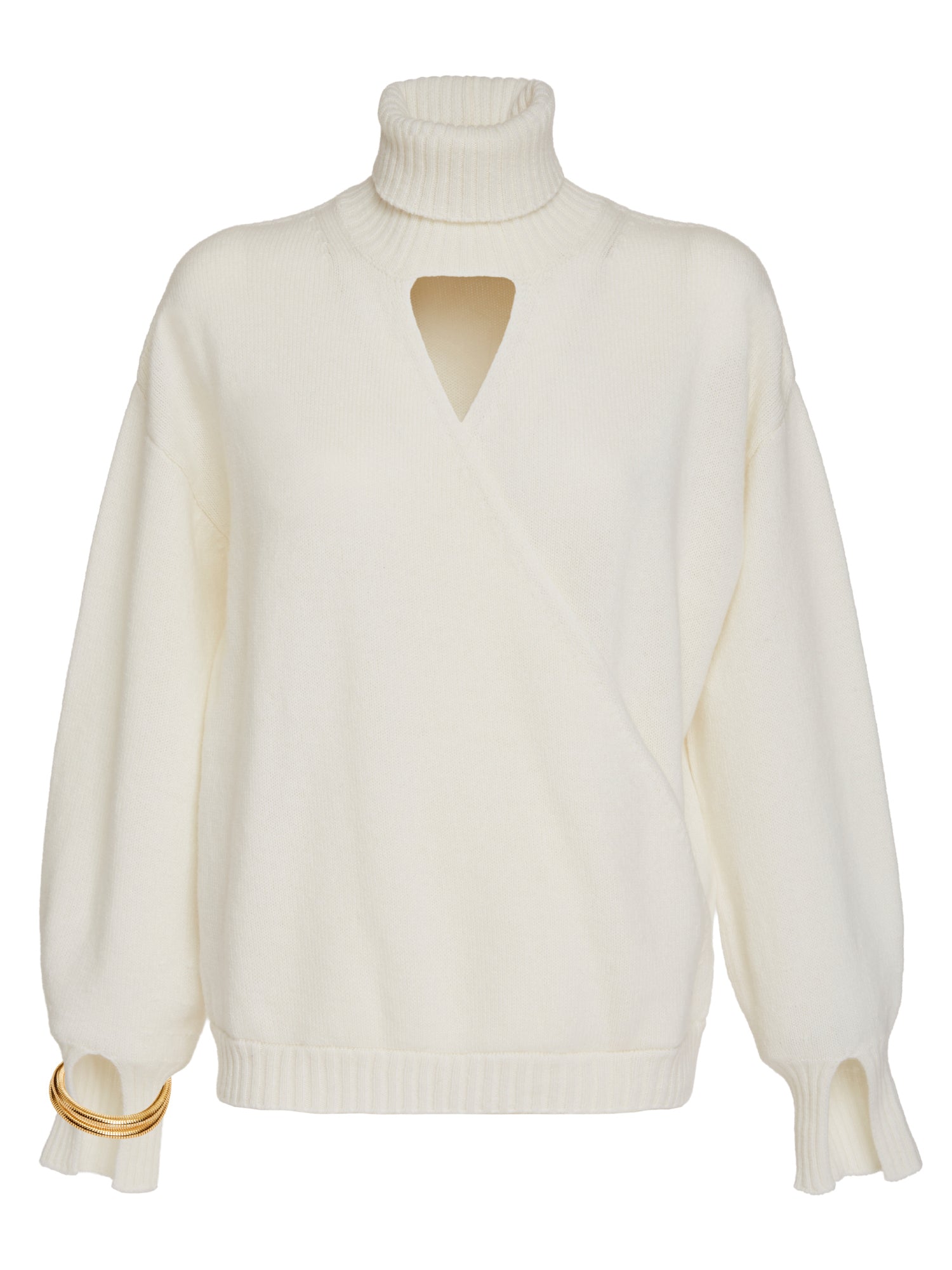 High-neck crossover turtleneck sweater with bracelet