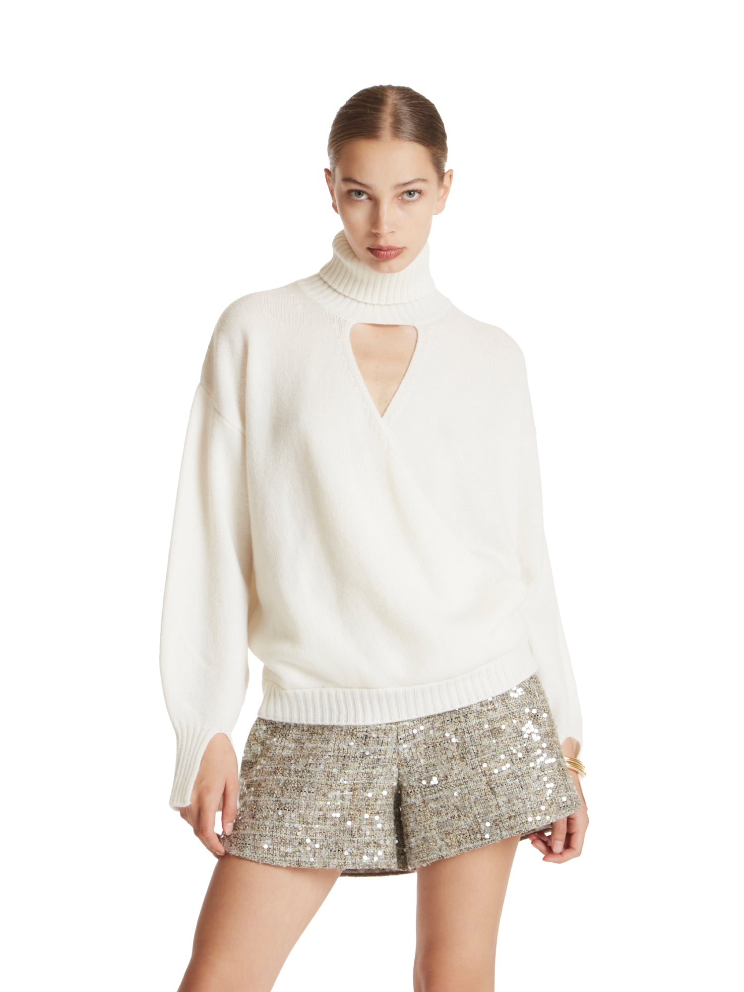 High-neck crossover turtleneck sweater