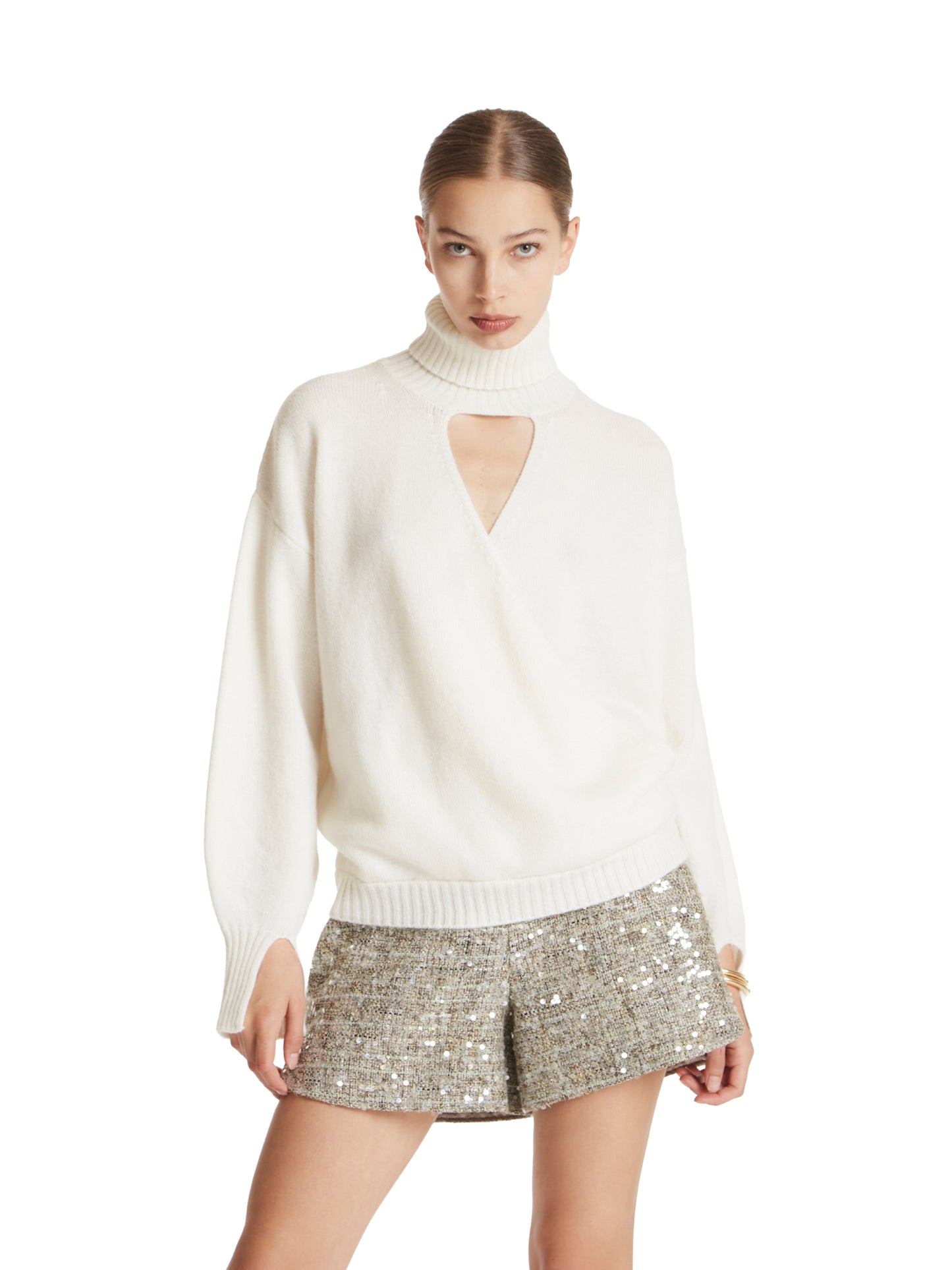 High-neck crossover turtleneck sweater