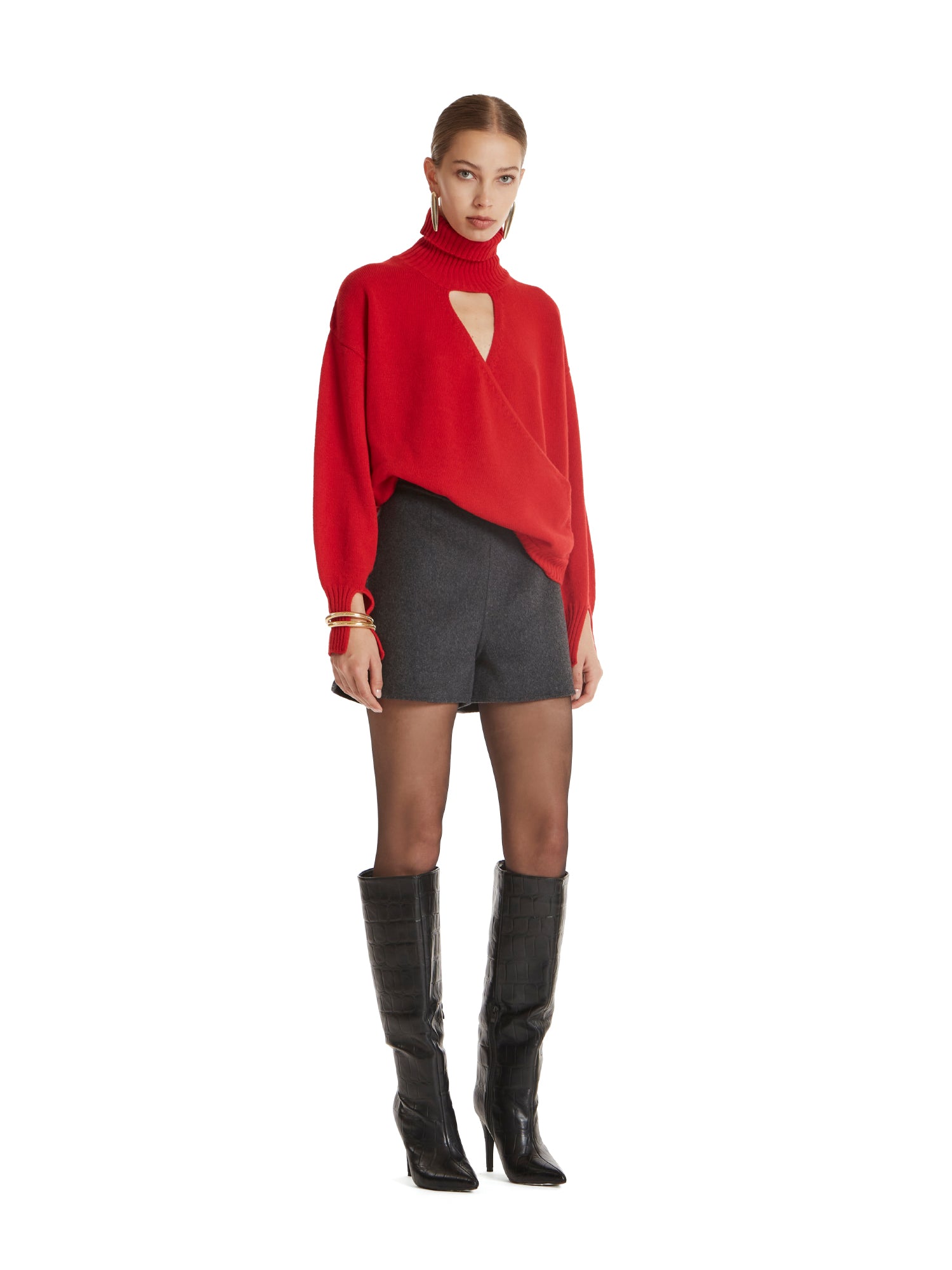 High-neck crossover sweater in wool-silk blend