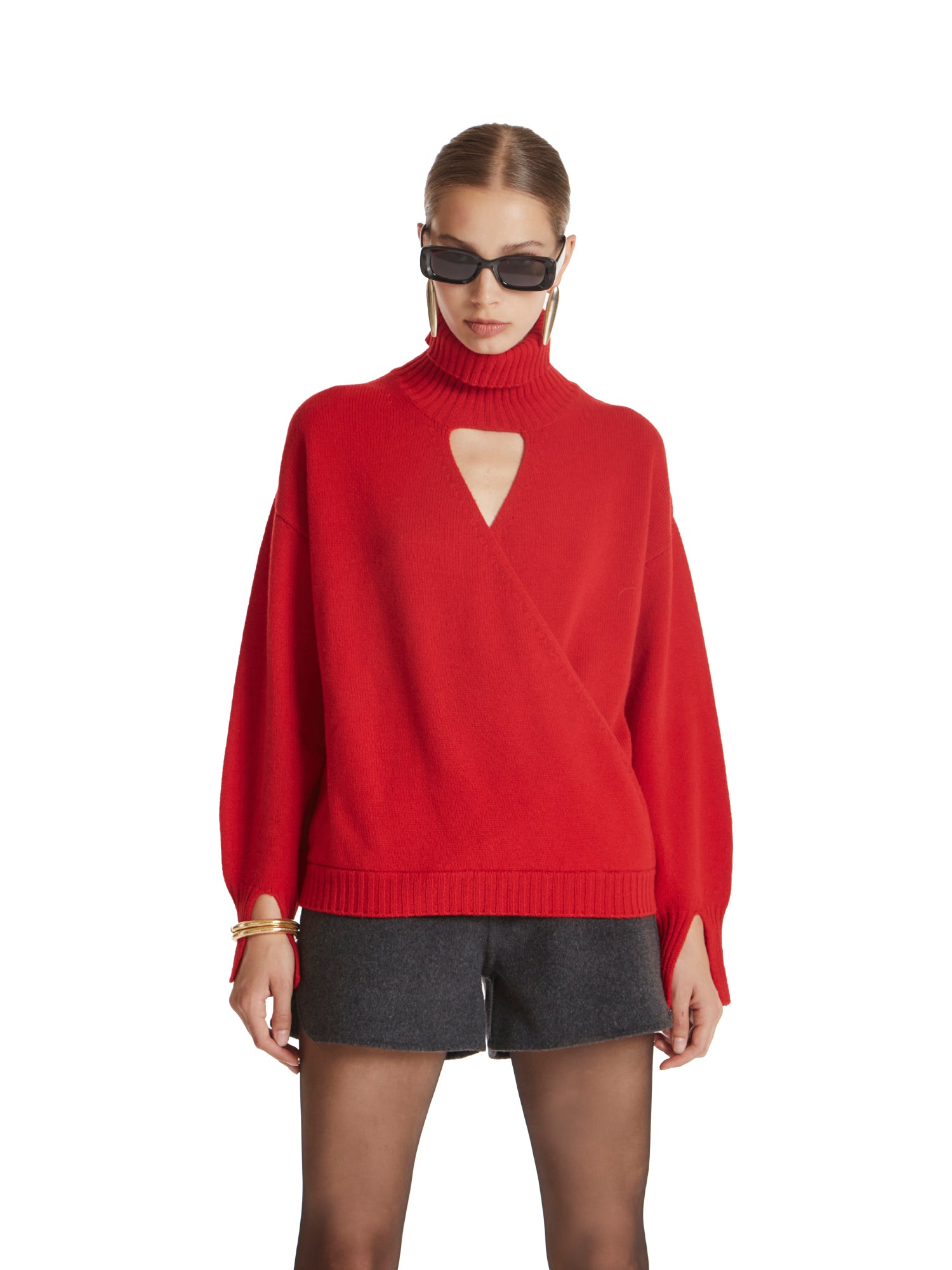High-neck crossover sweater in wool-silk blend