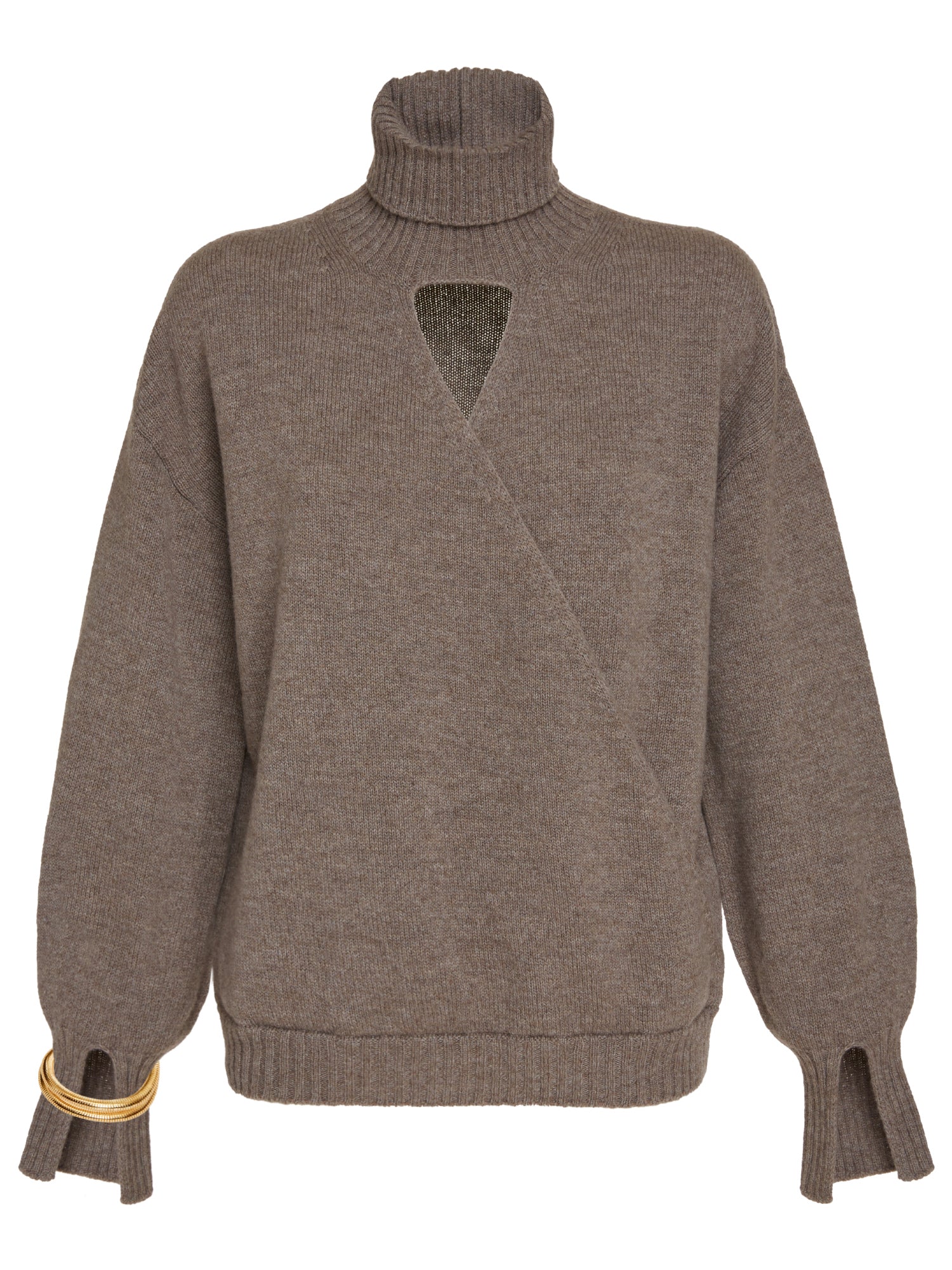 High-neck crossover turtleneck sweater with bracelet