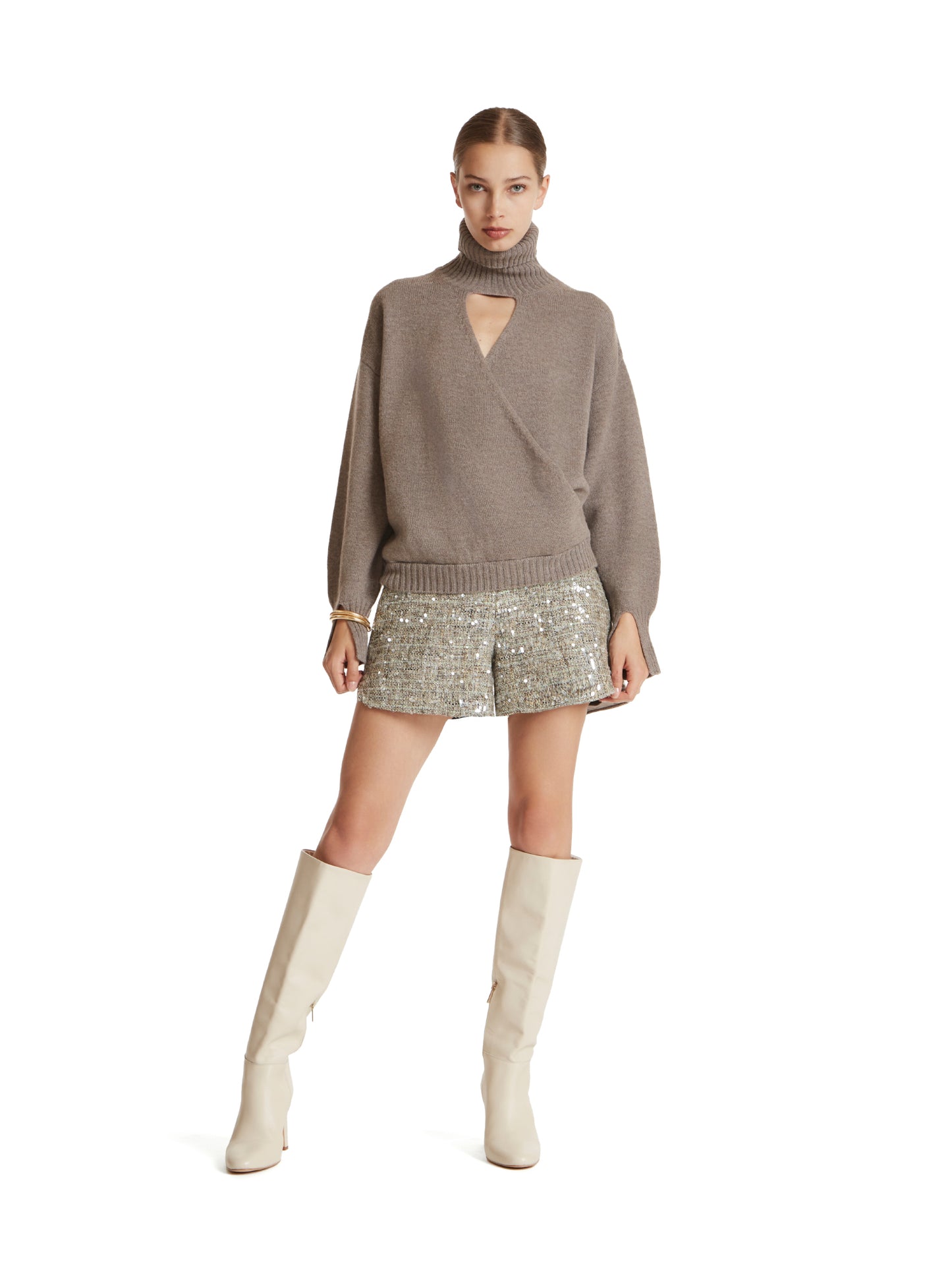 High-neck crossover sweater in wool-silk blend