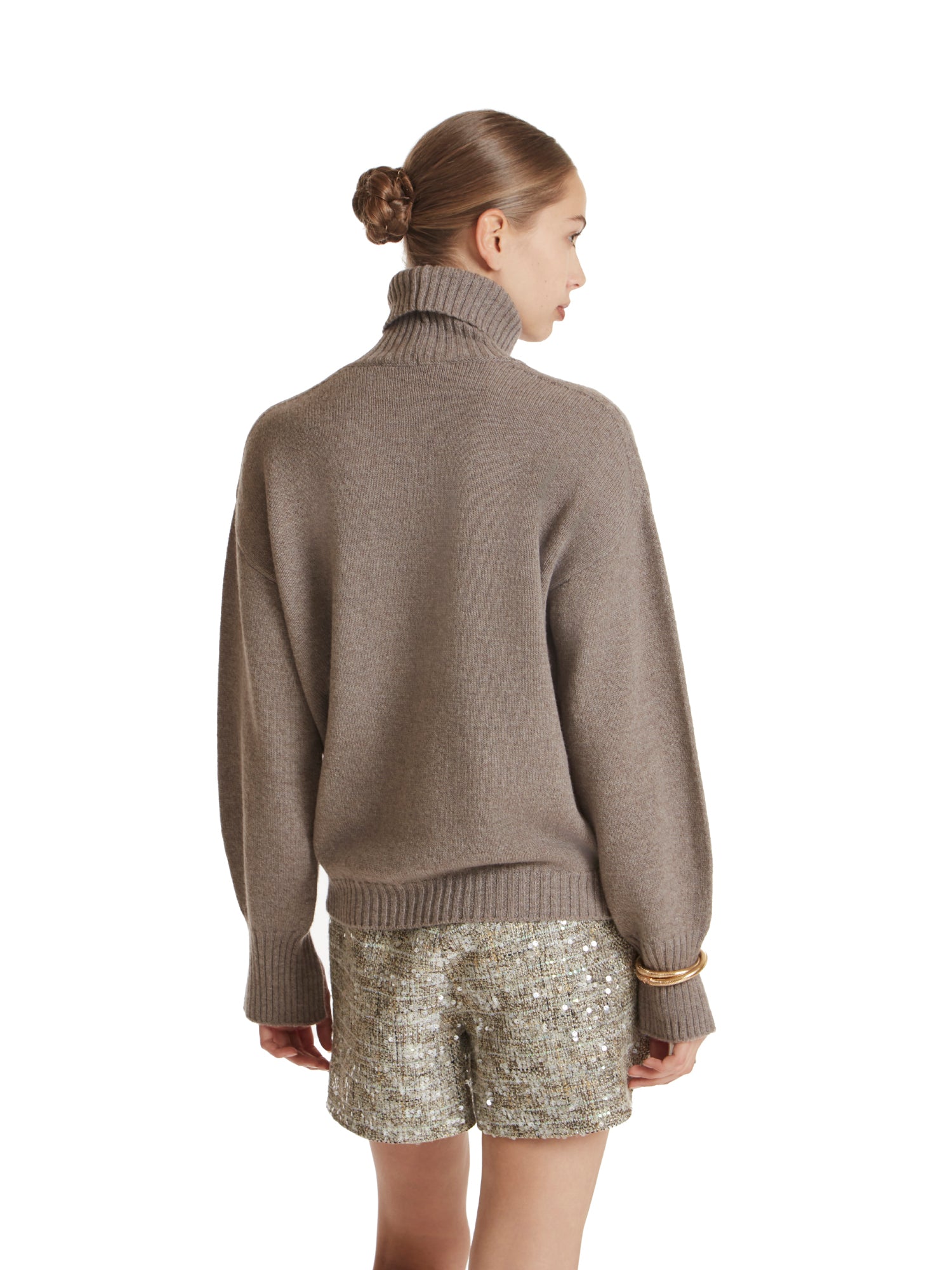 High-neck crossover sweater in wool-silk blend