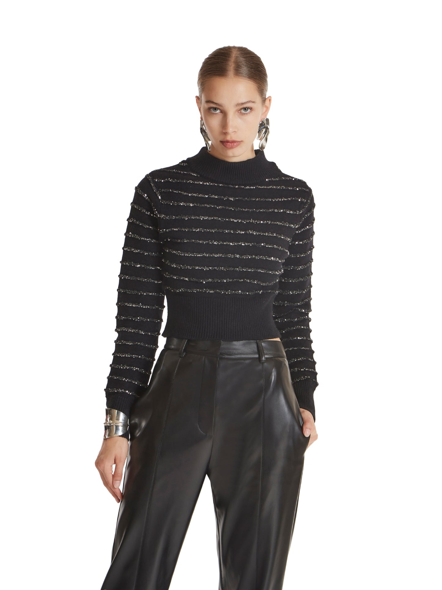 Cropped sweater with jacquard sequin stripes