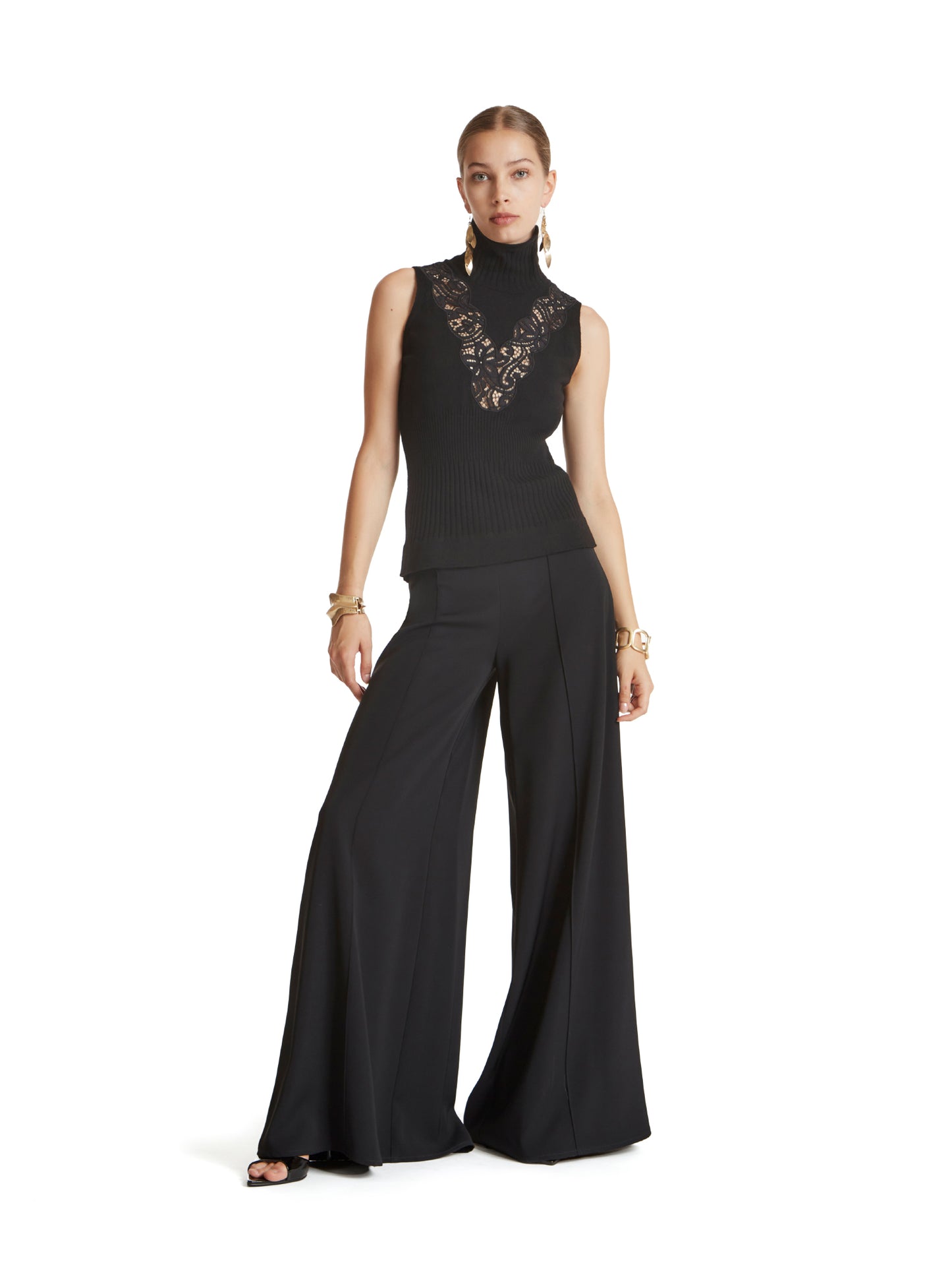 Sleeveless high-neck top with lace insert