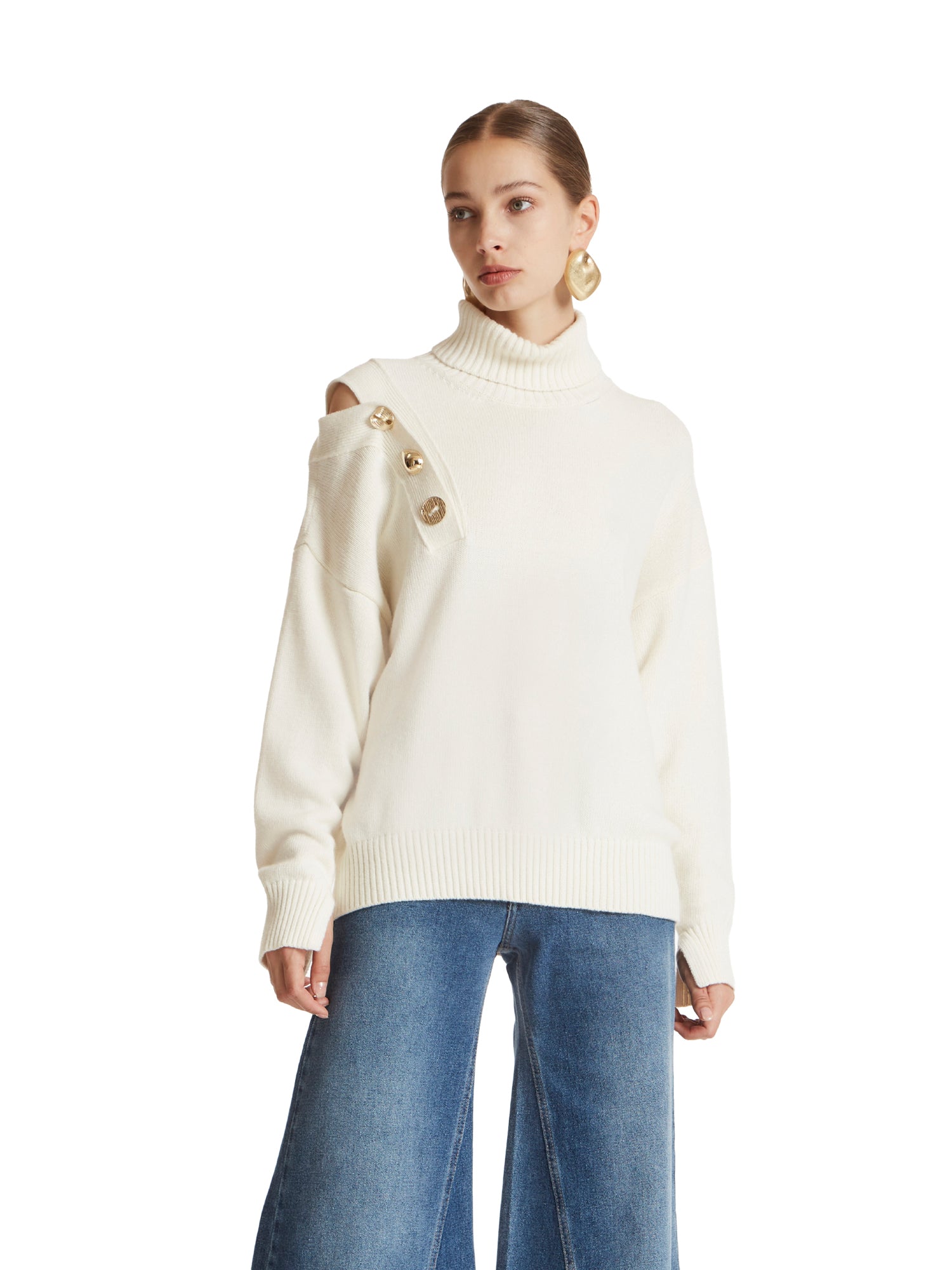 Oversized high-neck sweater with oversized buttons