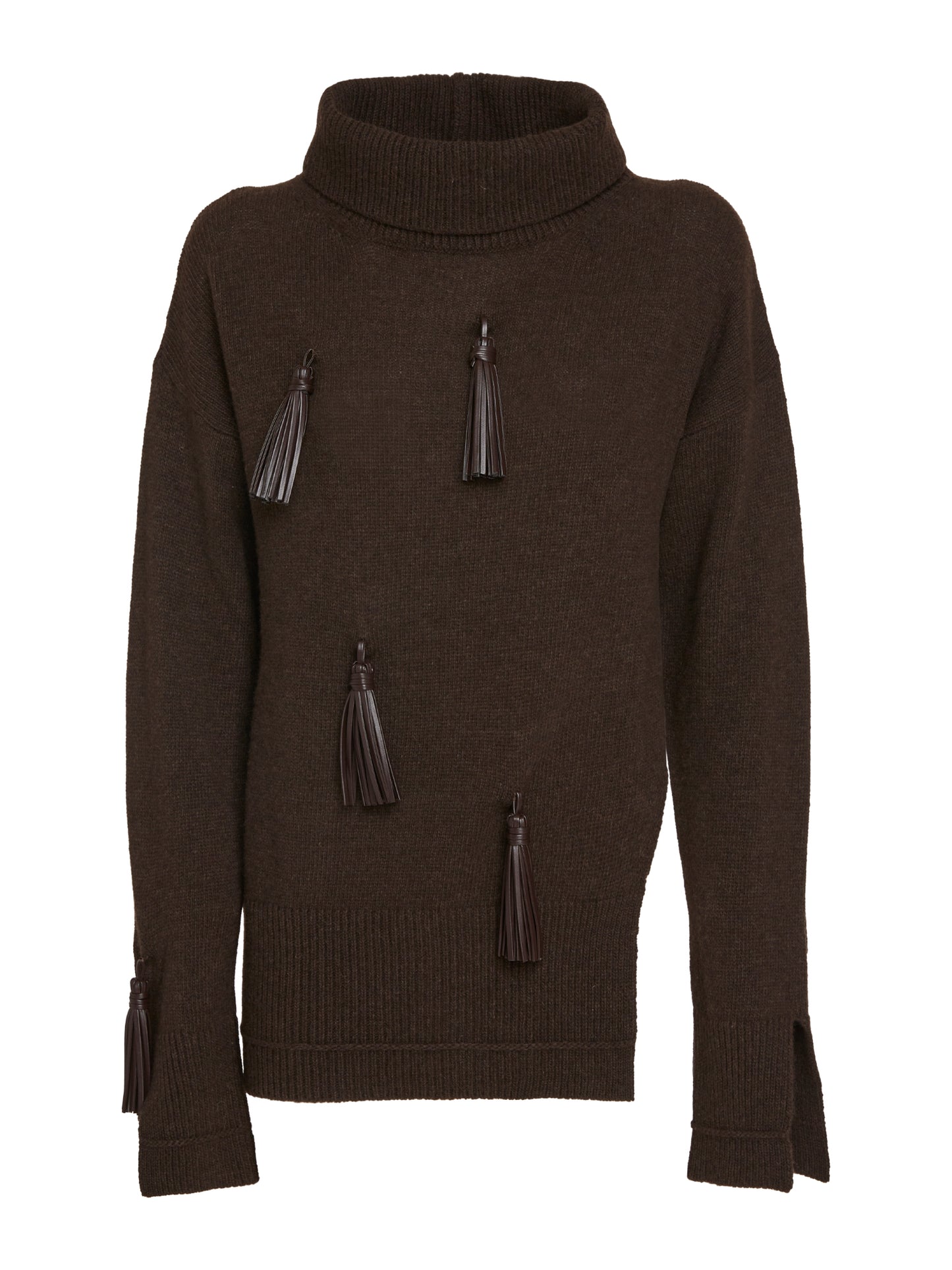 High-neck sweater with side slit and vegan leather tassels