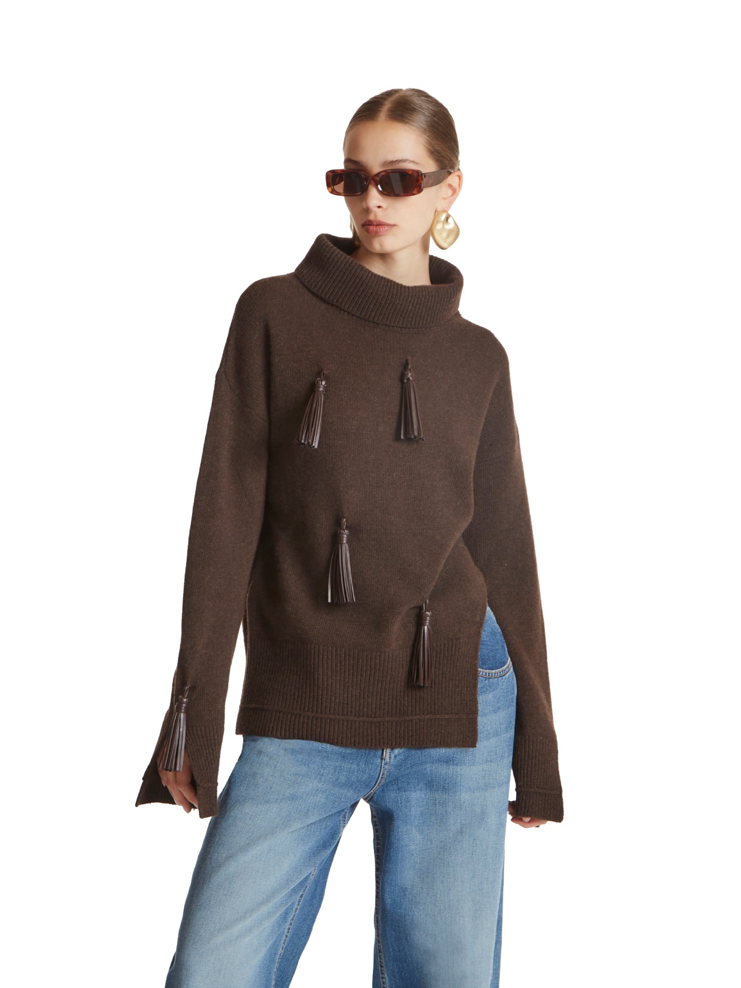 High-neck sweater with side slit and vegan leather tassels