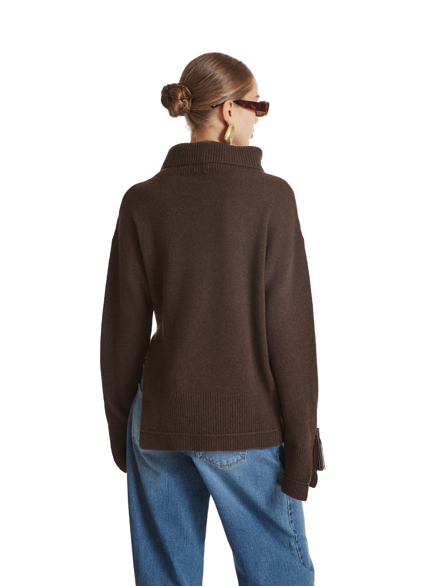 High-neck sweater with side slit and vegan leather tassels