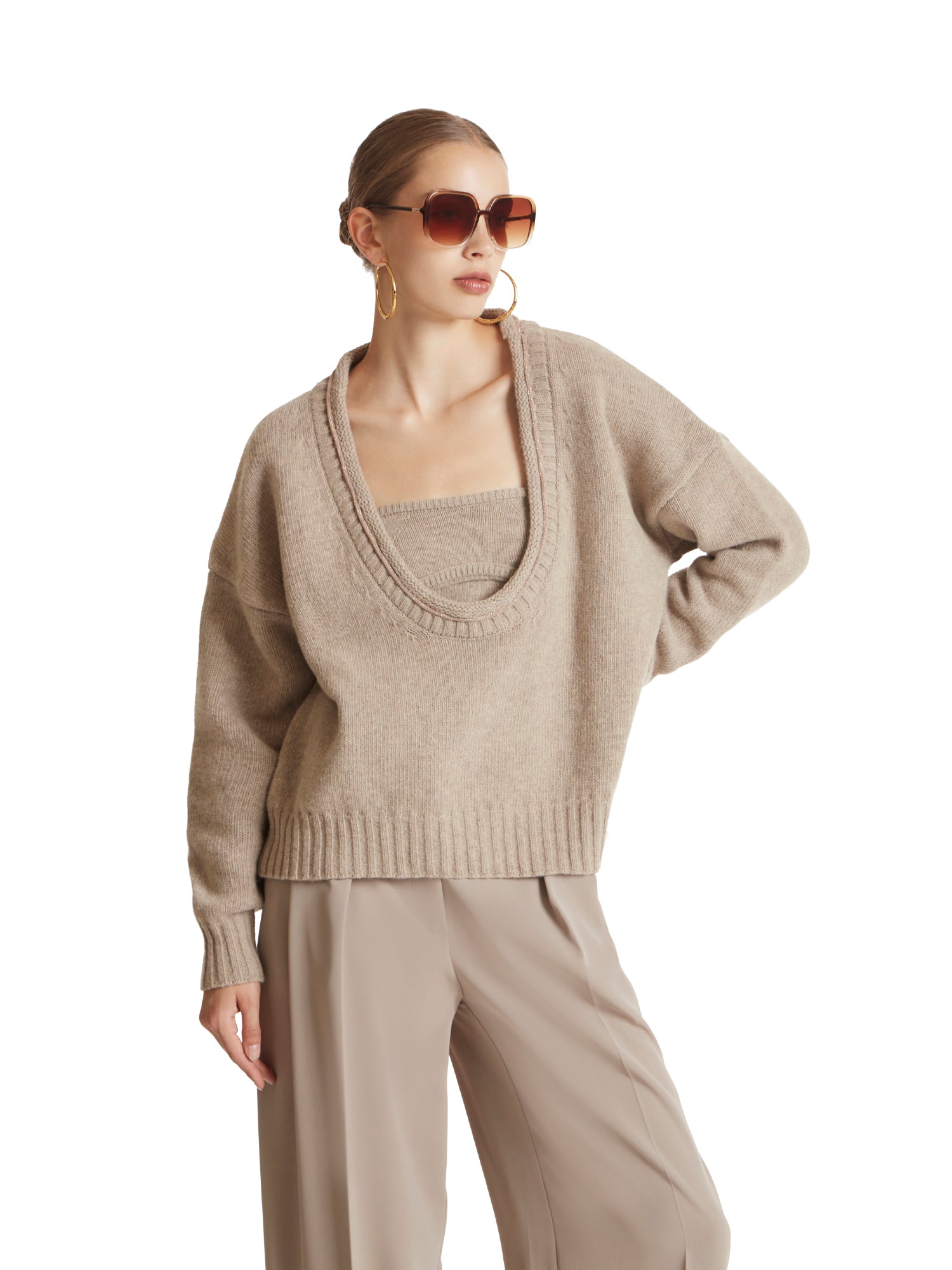 Double-neckline twisted sweater with rhinestones