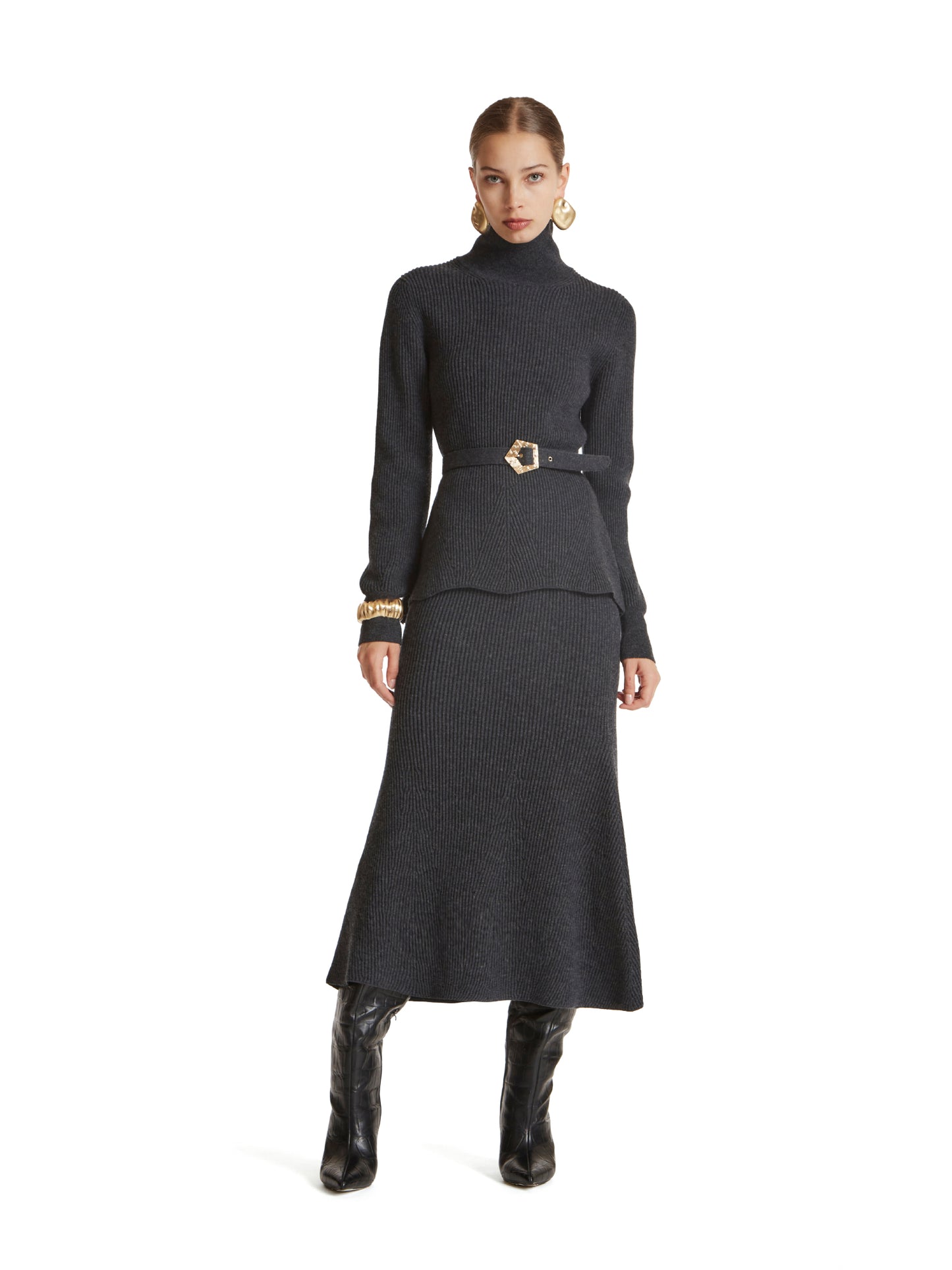 Wool sweater with covered waist belt