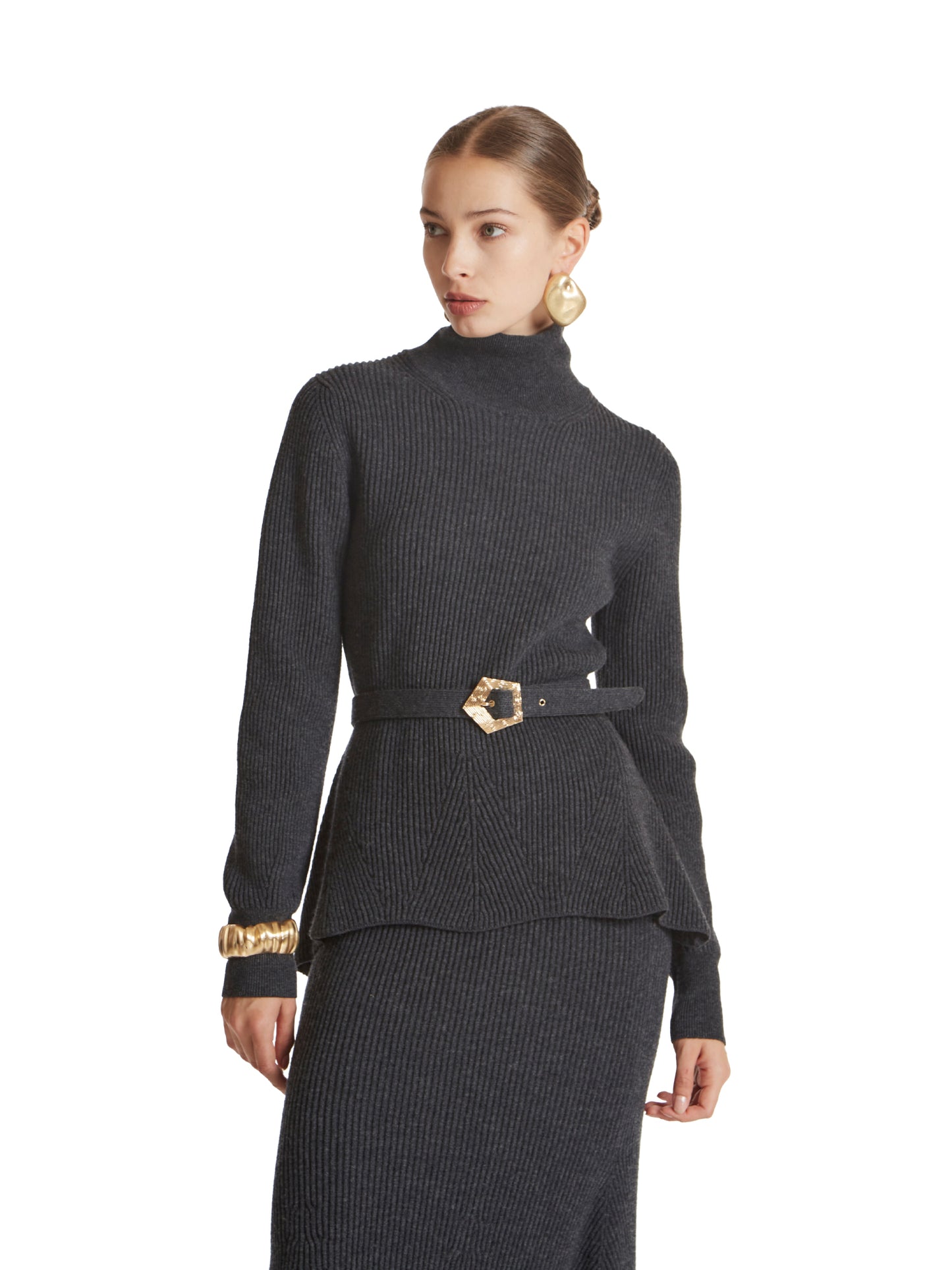 Wool sweater with covered waist belt