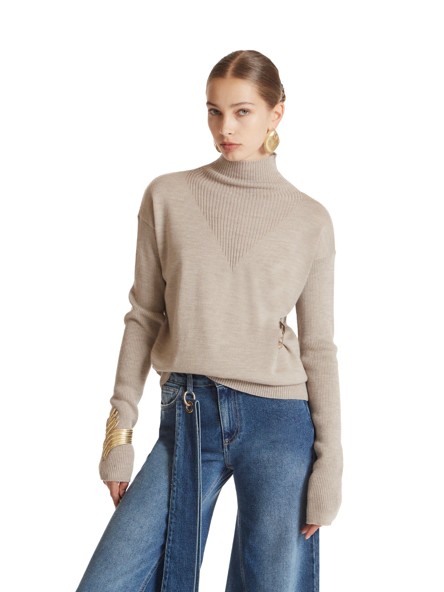 High-neck sweater with brooch detail