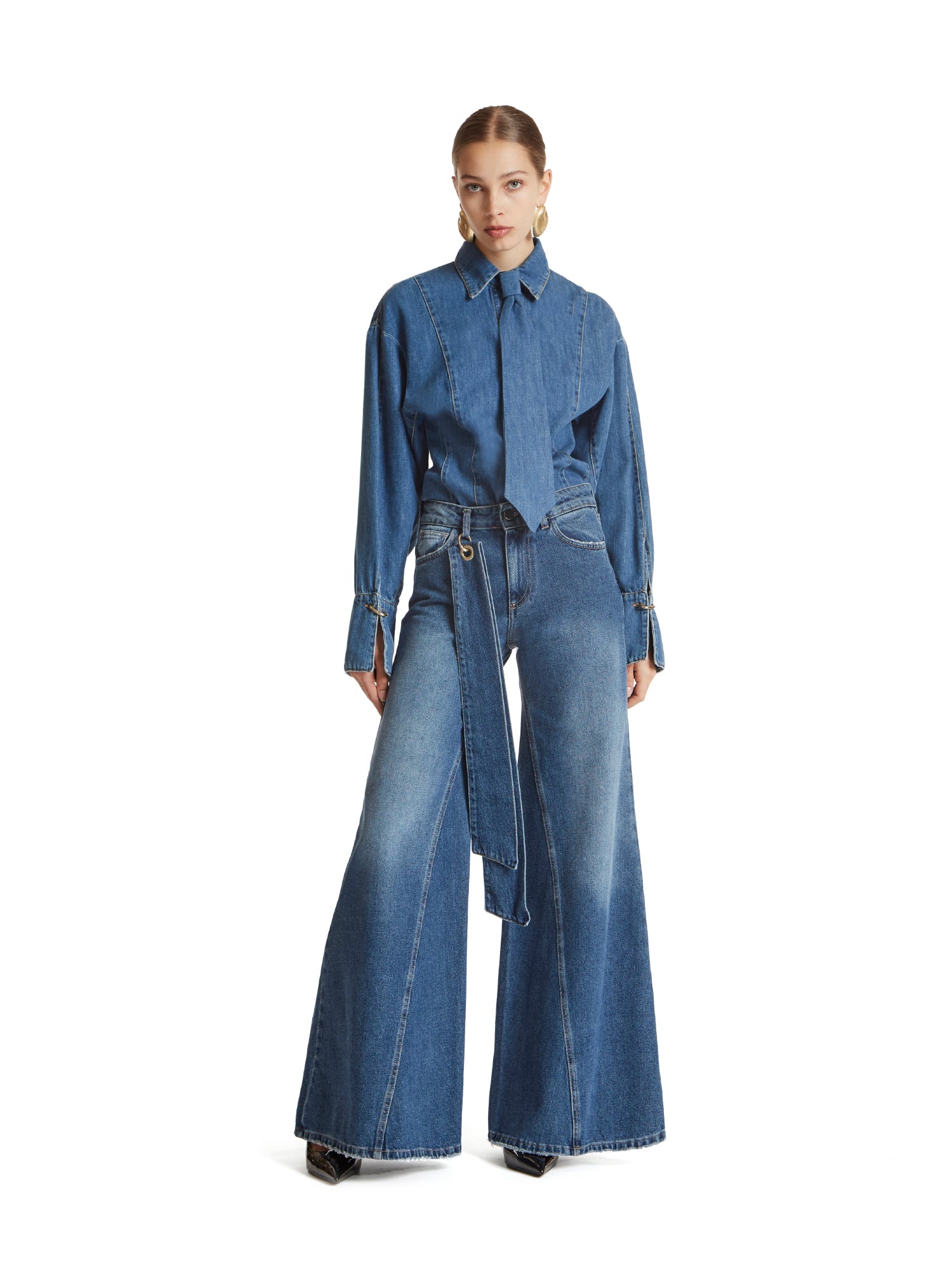 Medium-wash blue flared jeans with carabiner detail