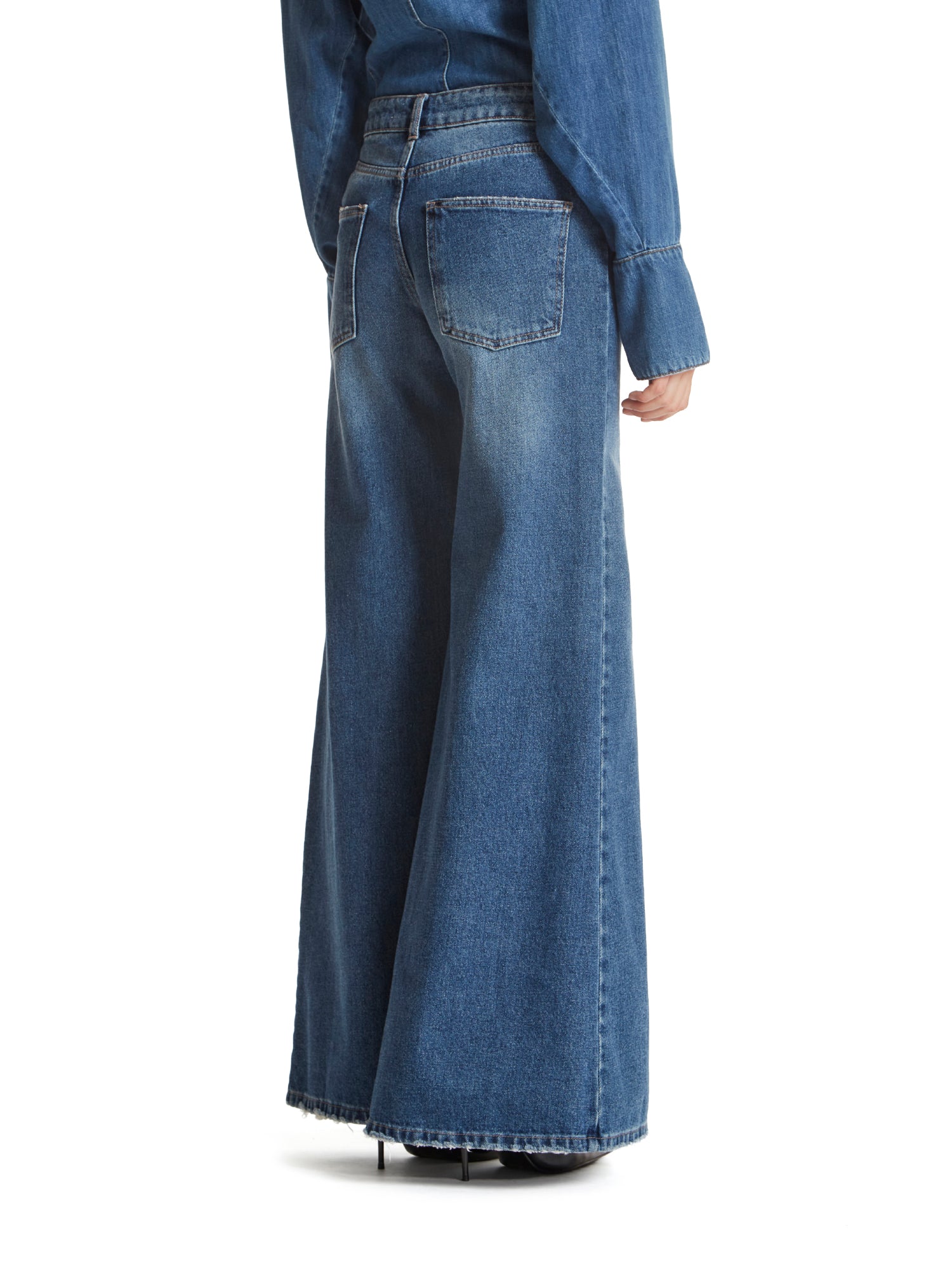 Medium-wash blue flared jeans with carabiner detail