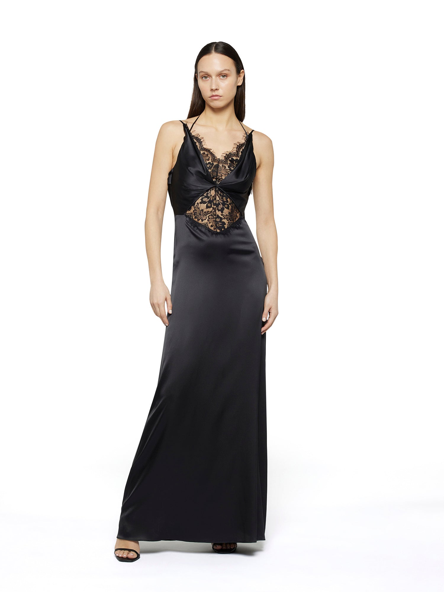 Stretch silk satin long dress with lace inserts