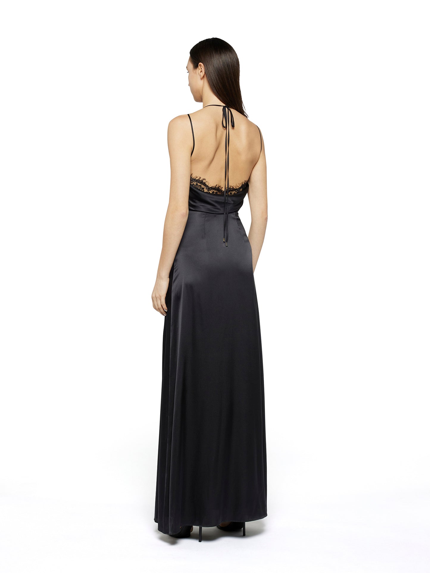 Stretch silk satin long dress with lace inserts
