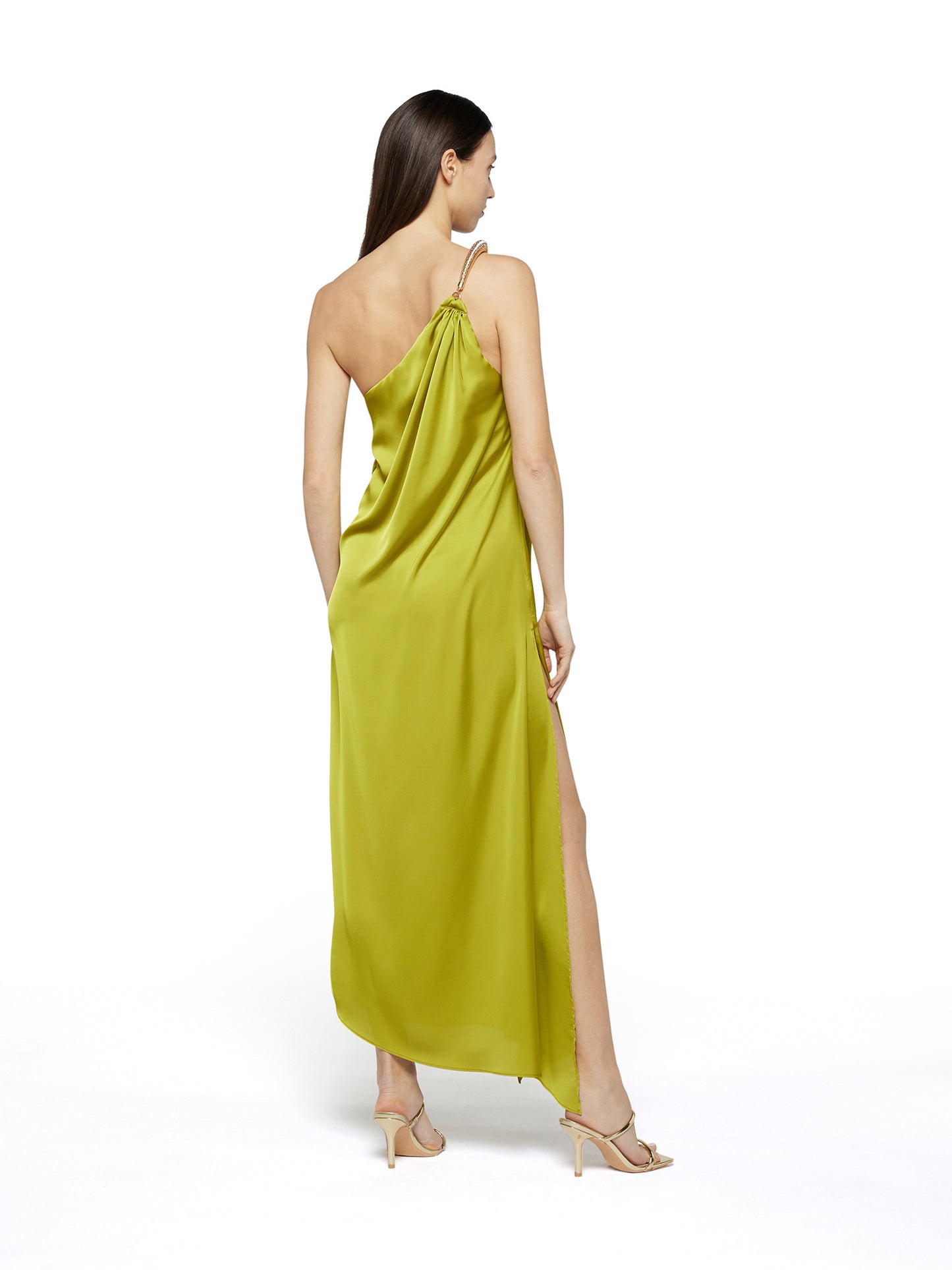 One-shoulder long dress in fluid satin