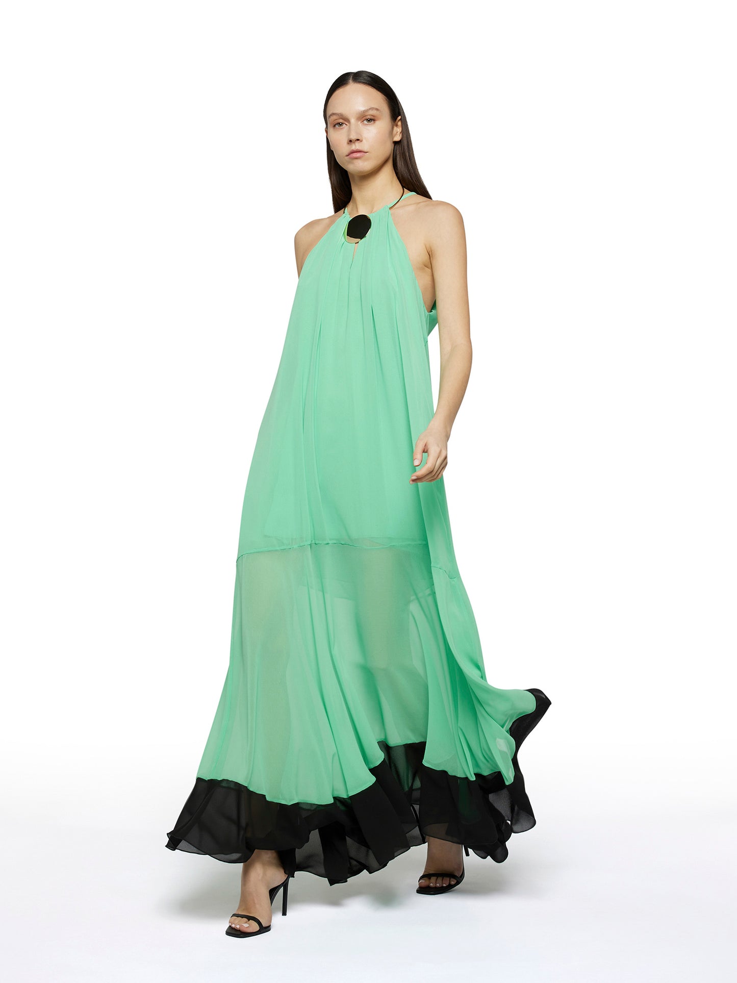 Long georgette dress with contrasting bottom ruffle