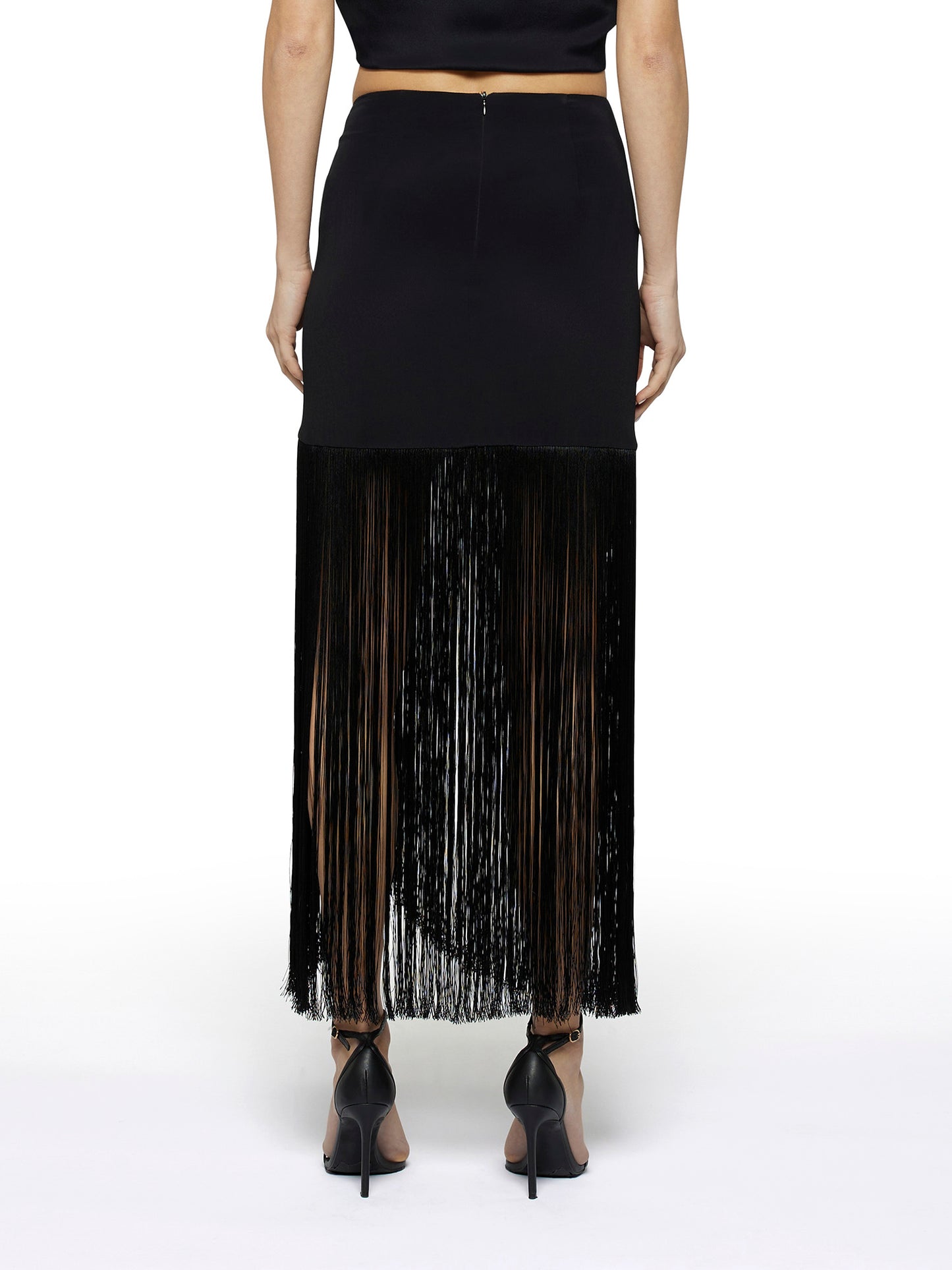 Silk acetate asymmetrical skirt with maxi fringe