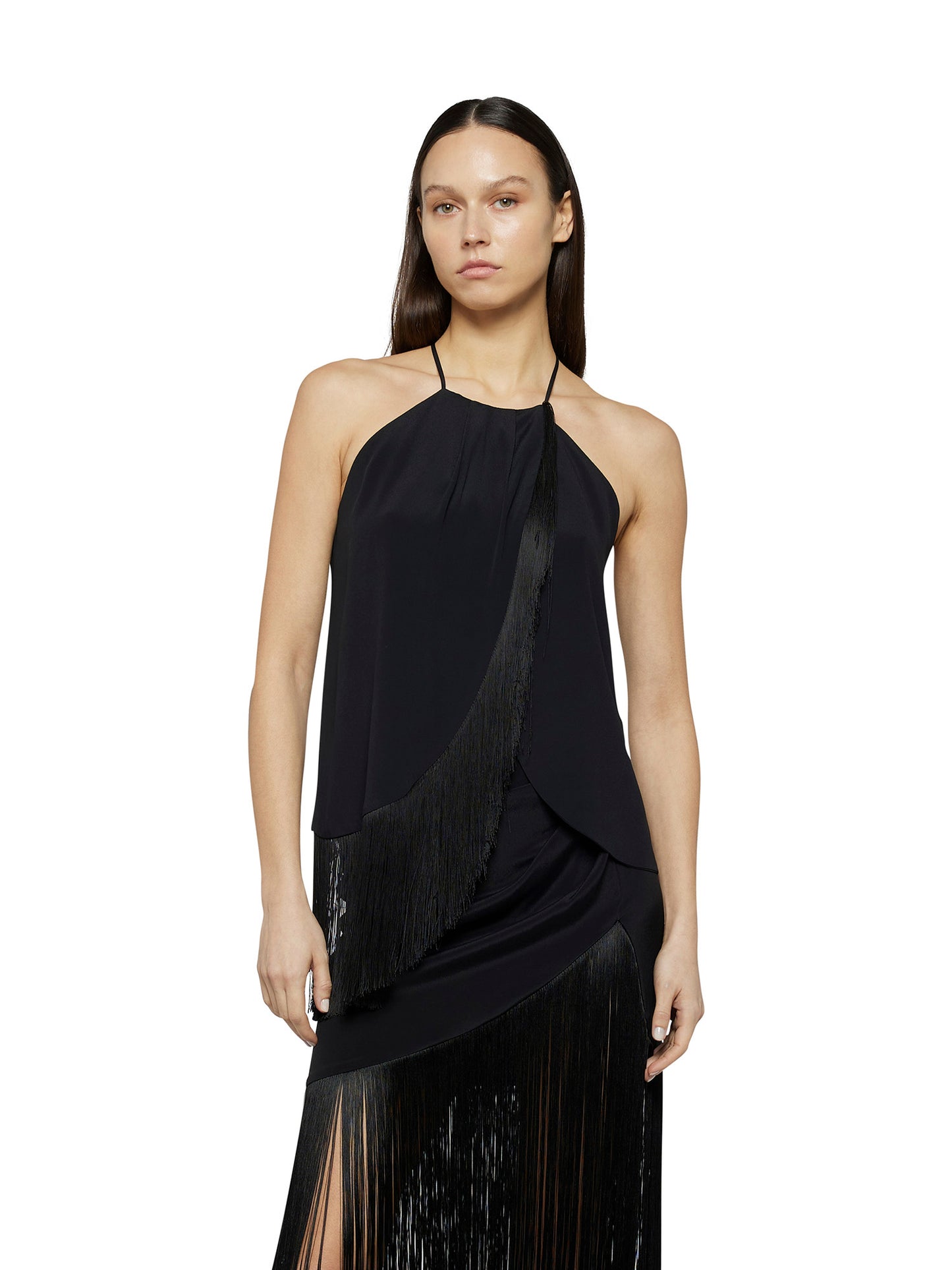 Silk acetate top with fringes