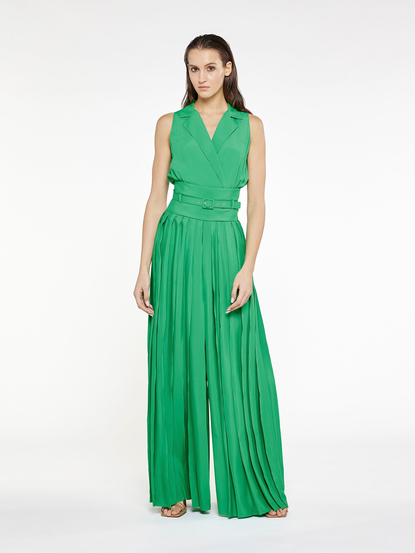 Pleated jumpsuit with lapel neckline