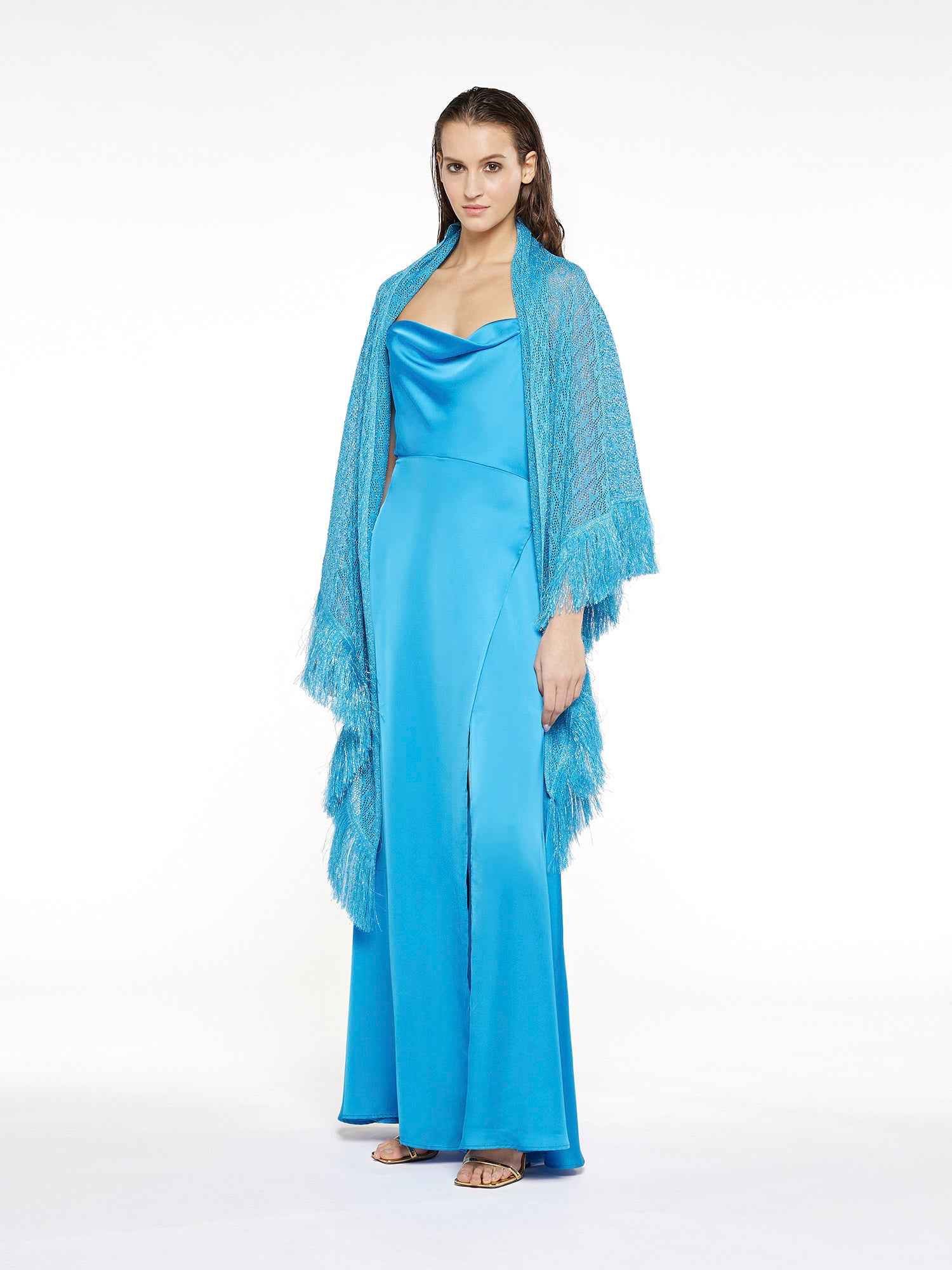 Perforated lurex shawl with fringes